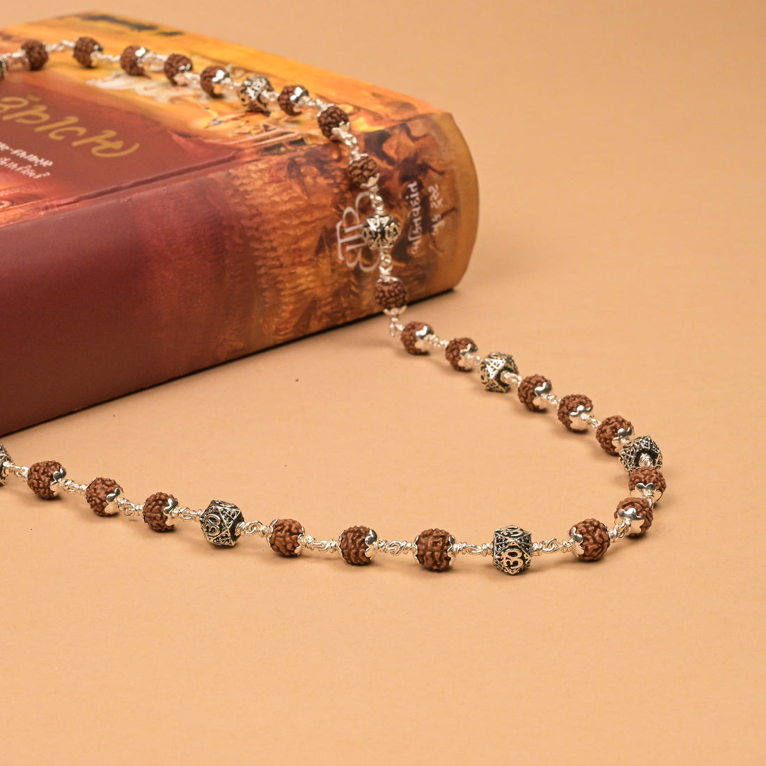 Rudraksha With Hexagon Om Silver Beads Mala