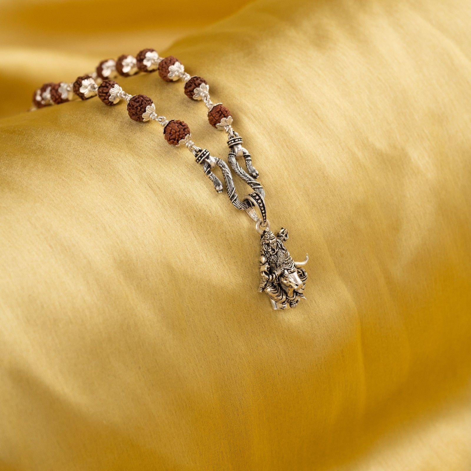 Lord Shiva Nandi Silver Pendant With Rudraksha Mala