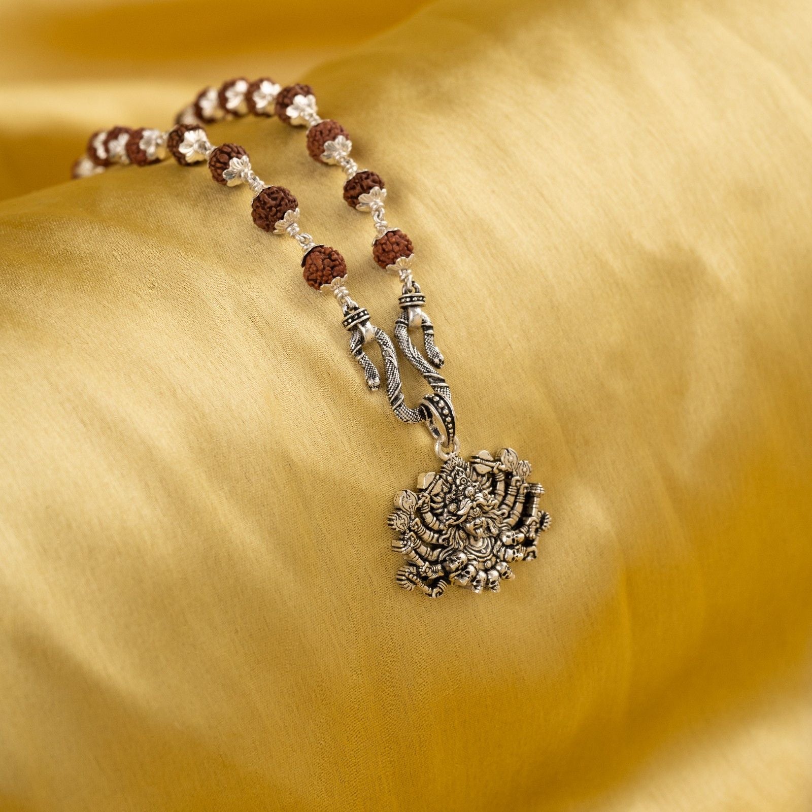 Devi Kali Silver Pendant With Rudraksha Mala