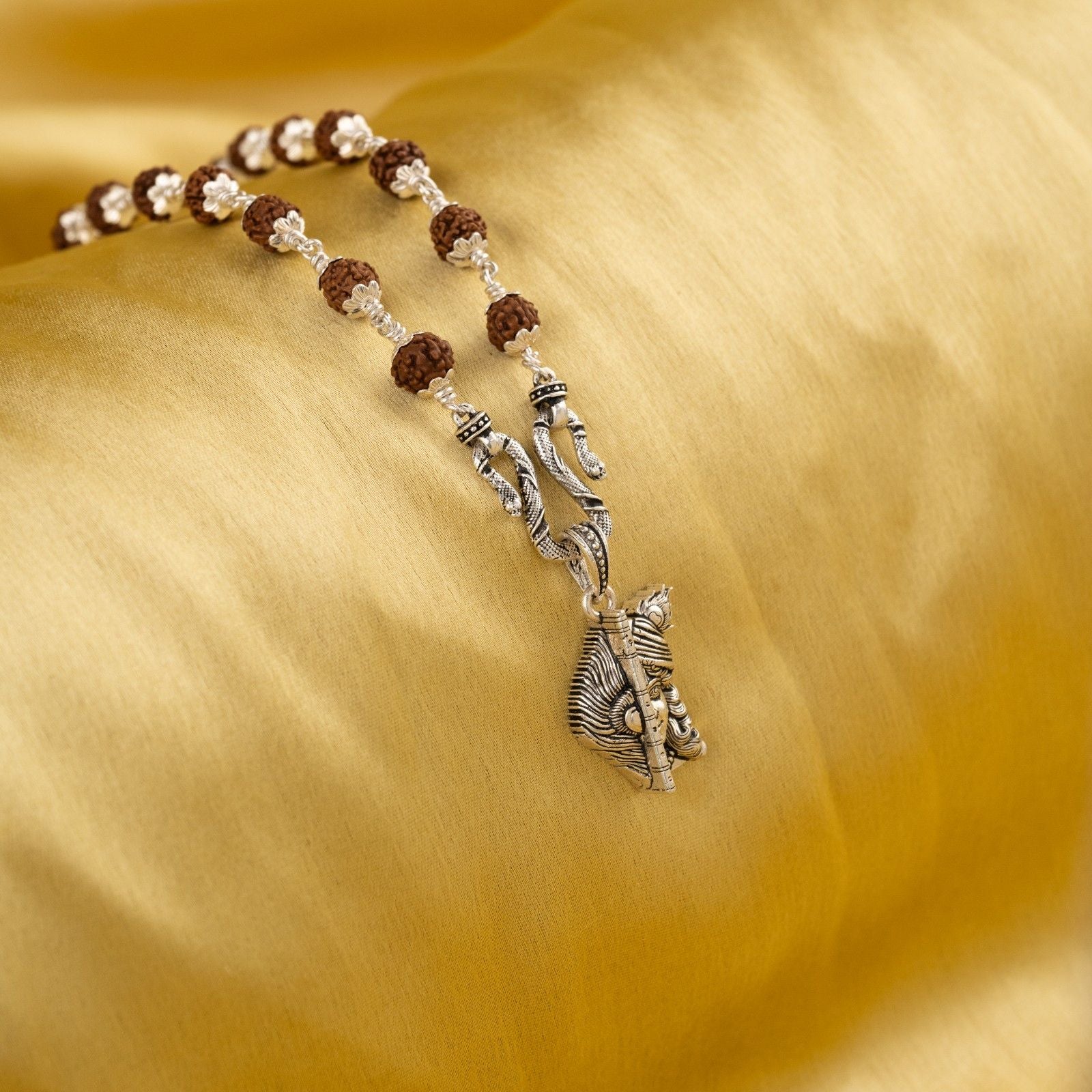 Shri Krishna with Bansi Sliver Pendant With Rudraksha Mala