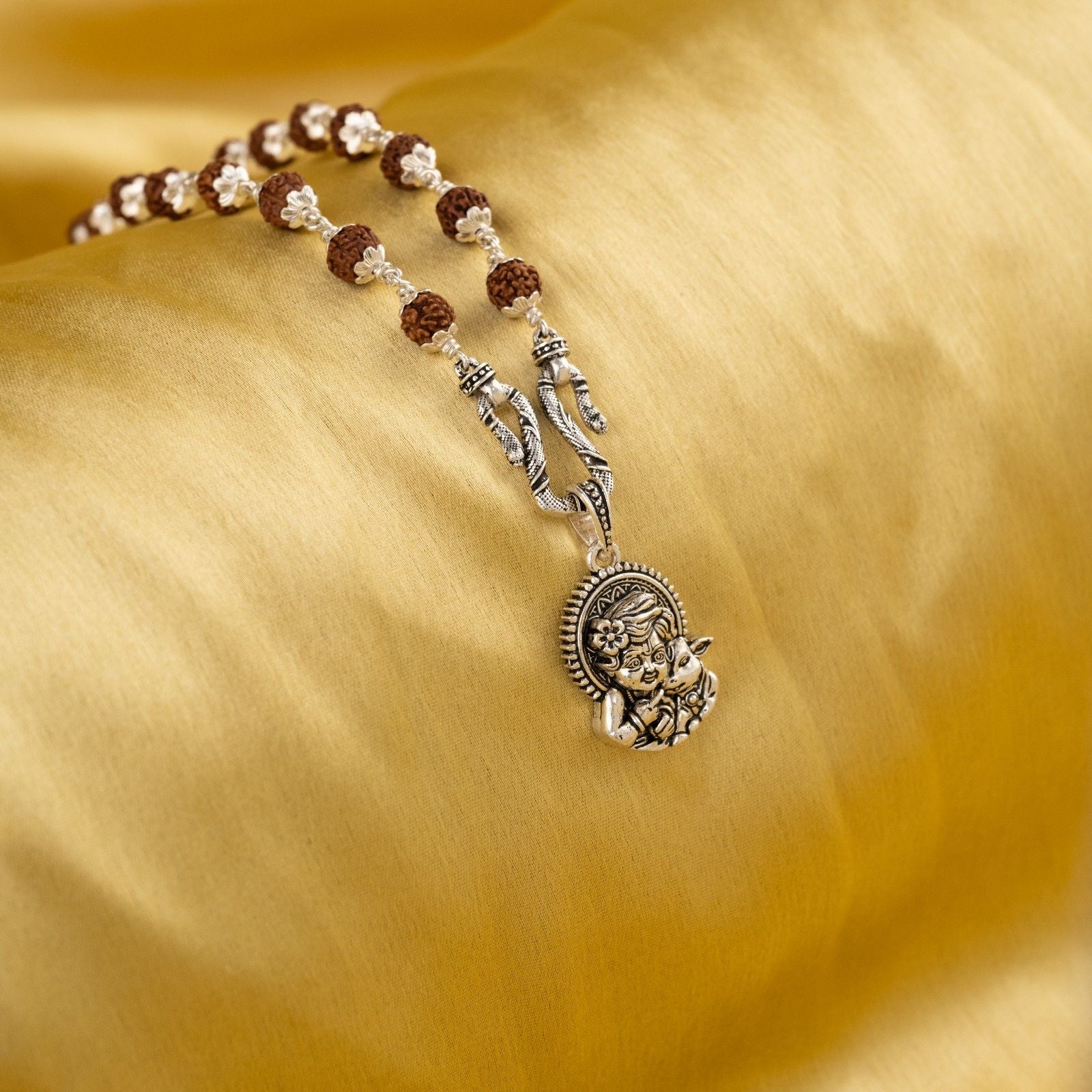 Laddu Gopal with Calf Silver Pendant With Rudraksha Mala