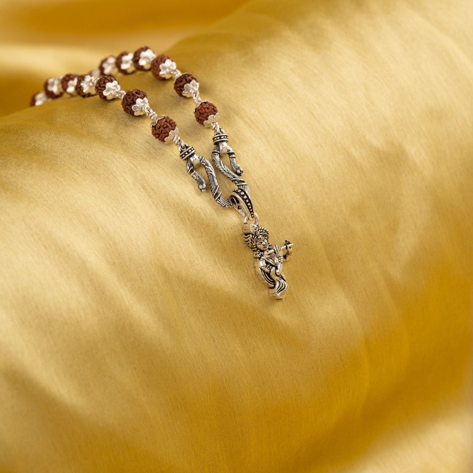 Divine Lord Krishna Flute Silver Pendant With Rudraksha Mala