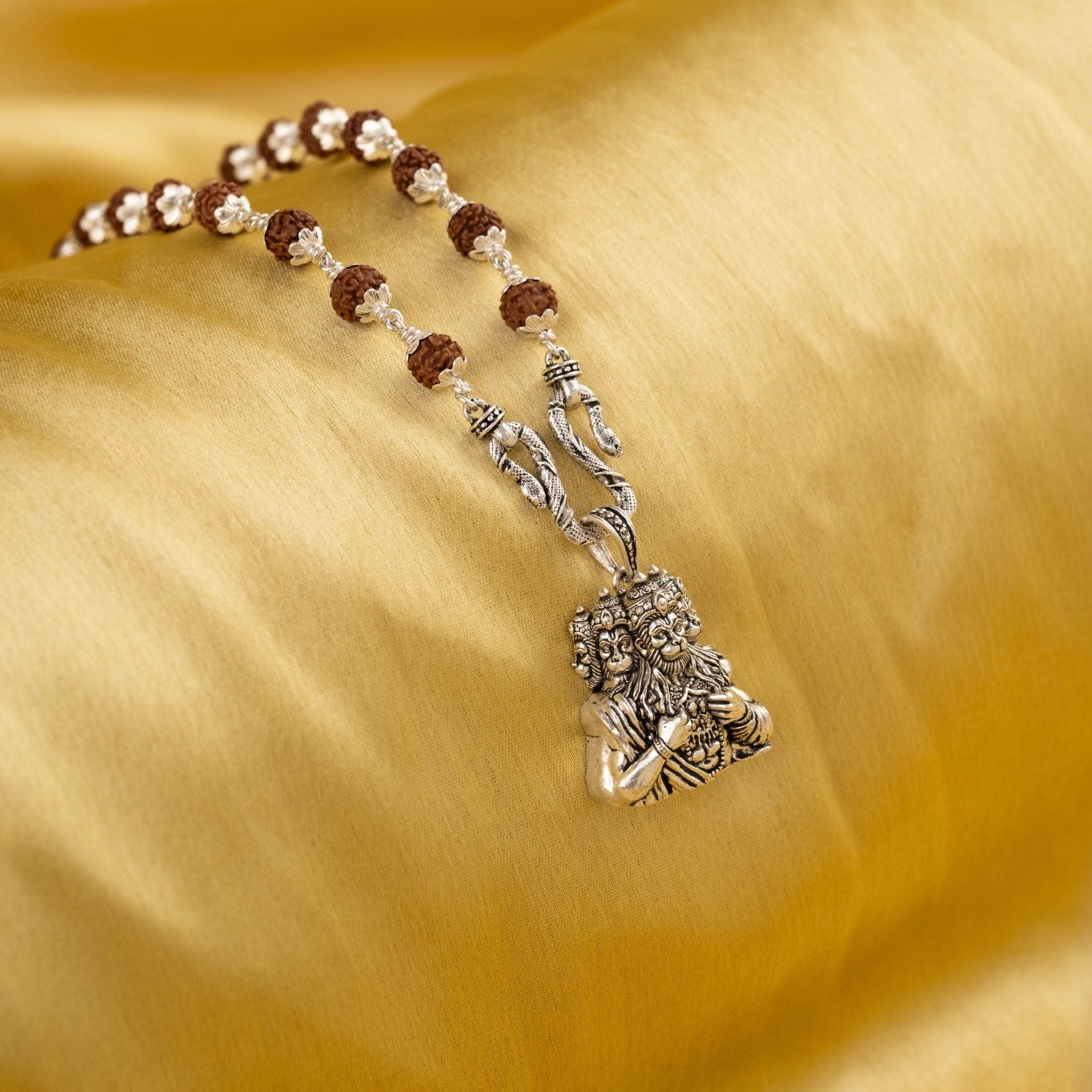 Five Face Hanuman Ji Silver Pendant Wth Rudraksha Mala