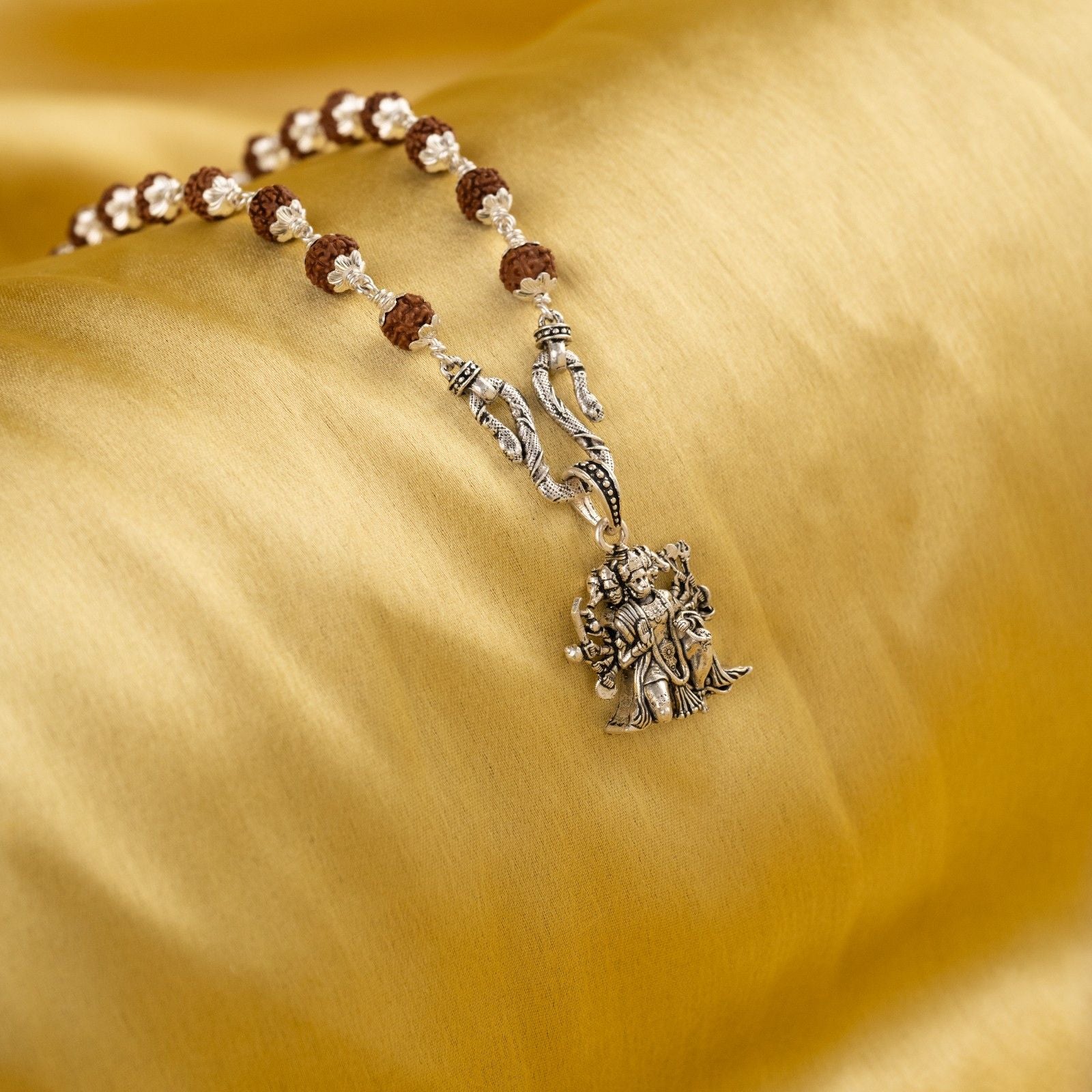 Five Faces Hunuman Silver Pendant With Rudraksha Mala 