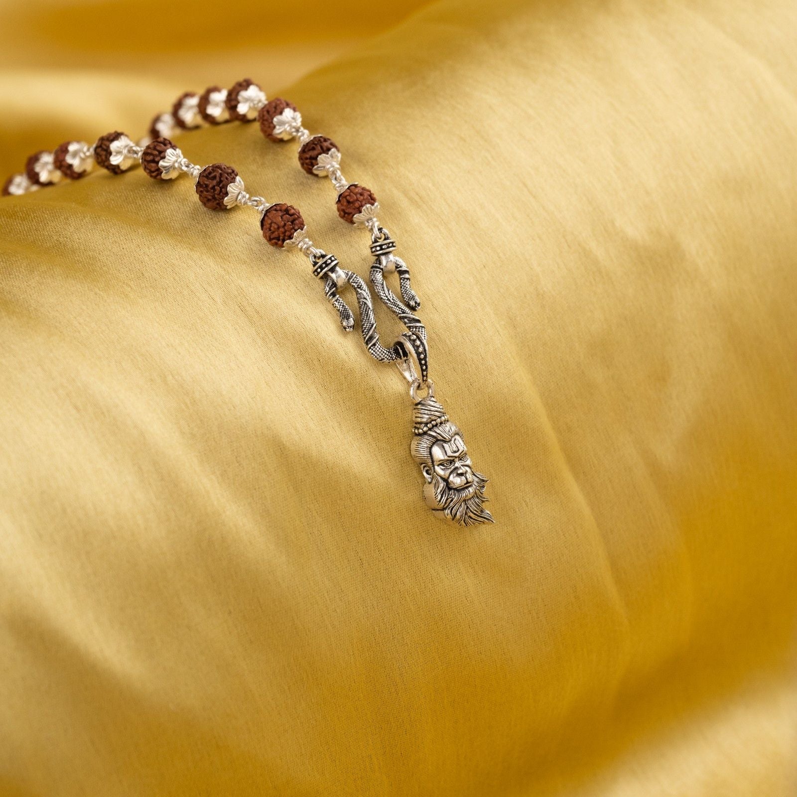 Divine Hanuman Ji Silver Face Pendant With Rudraksha Mala 