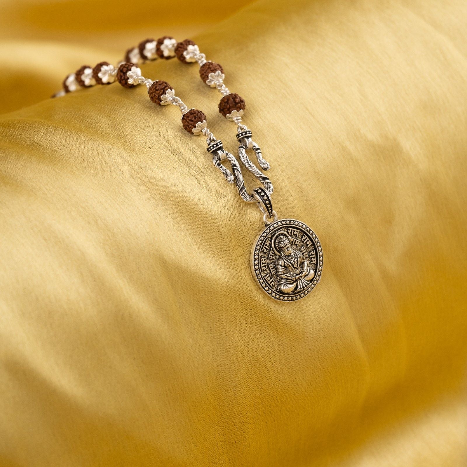 Hanuman Ji Ram Naam Engraved Silver Pendant With Rudraksha Mala 