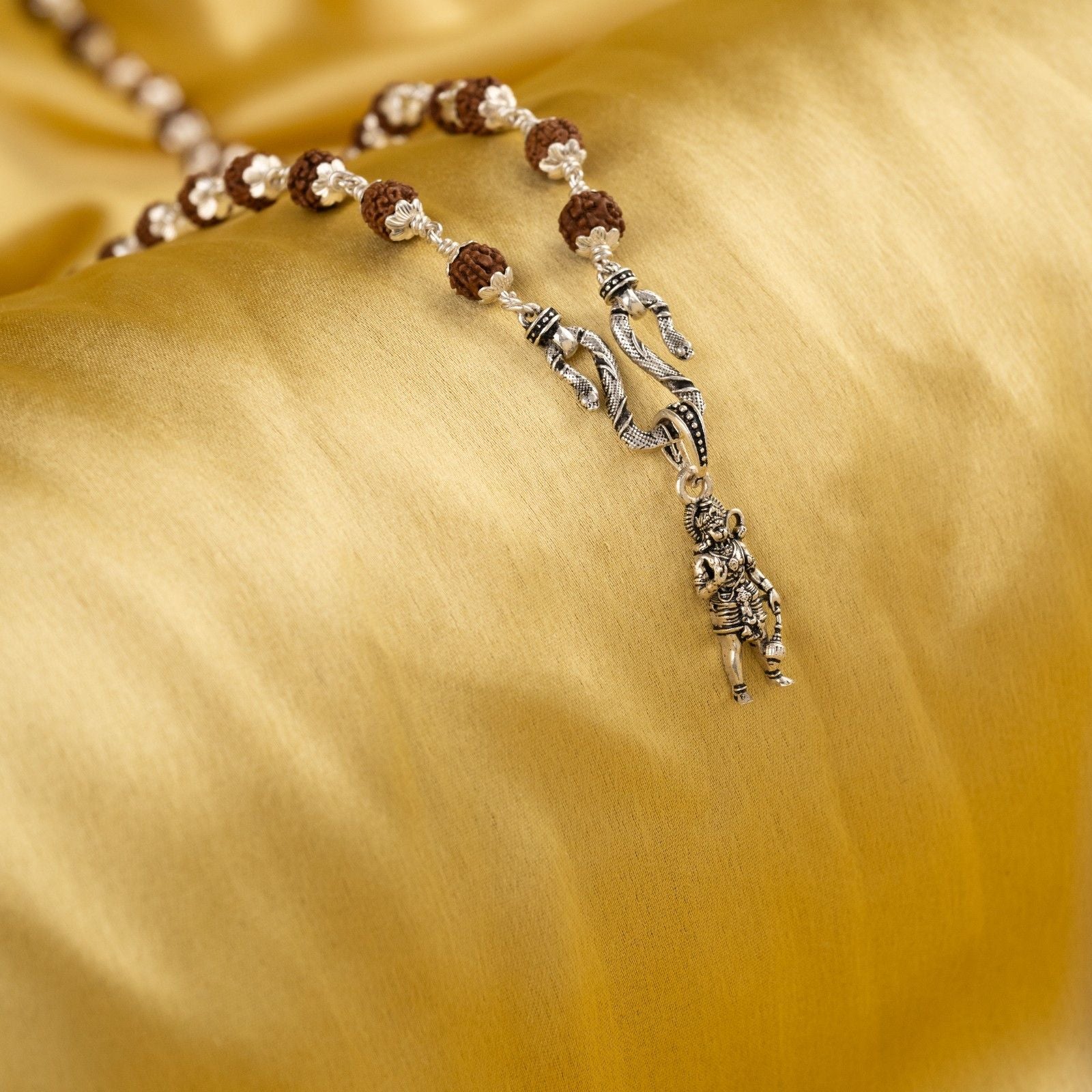 Lord Hanuman Standing Blessing Silver Pendant With Rudraksha Mala 