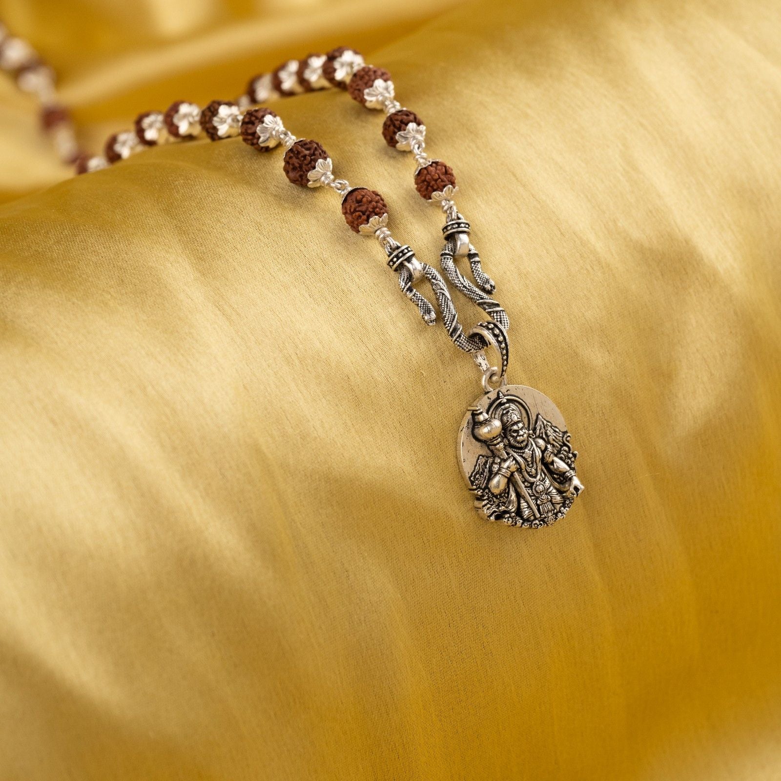 Mahabali Standing Hanuman Silver Pendant With Rudraksha Mala 