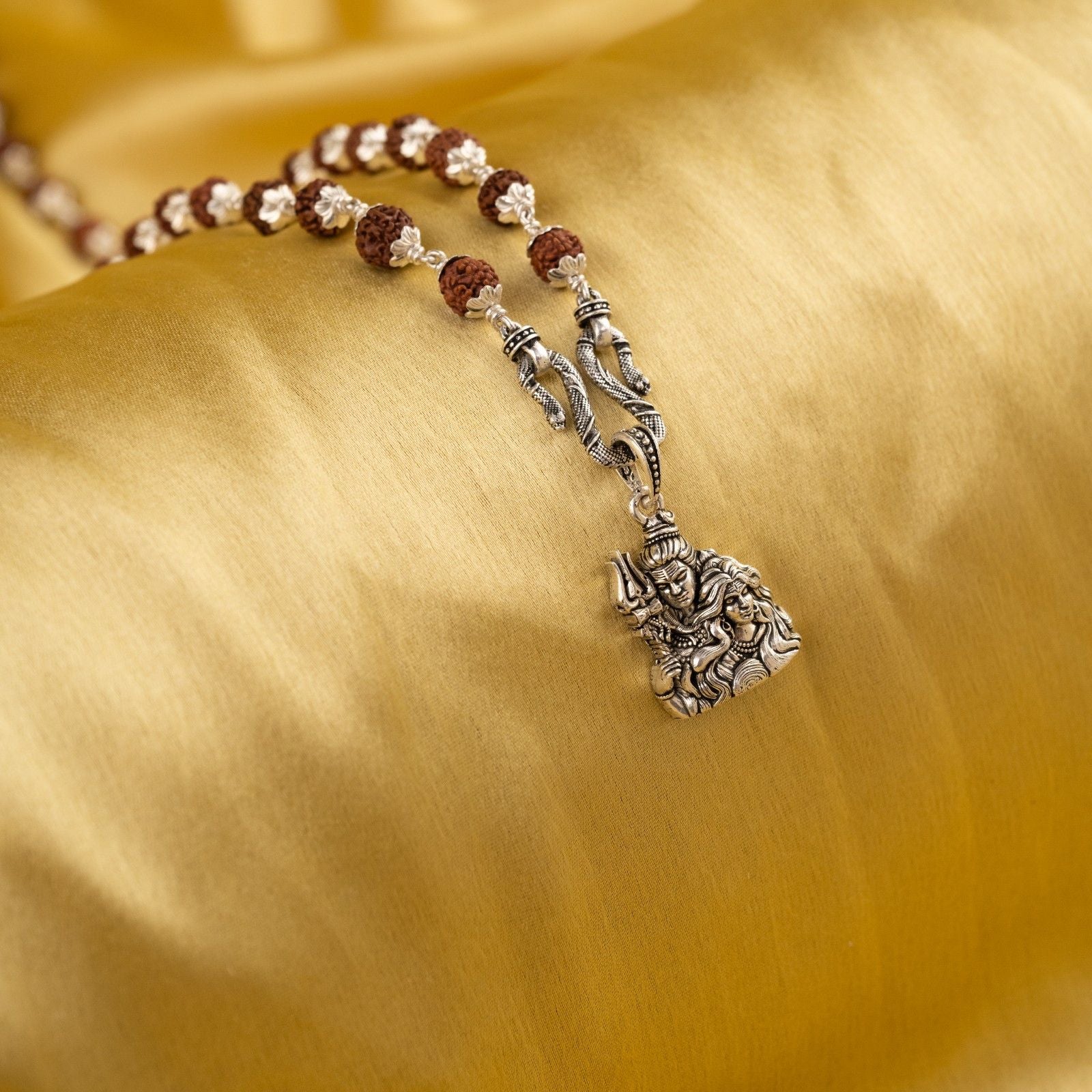 Shiv Parvati Silver Pendant With Rudraksha Mala 