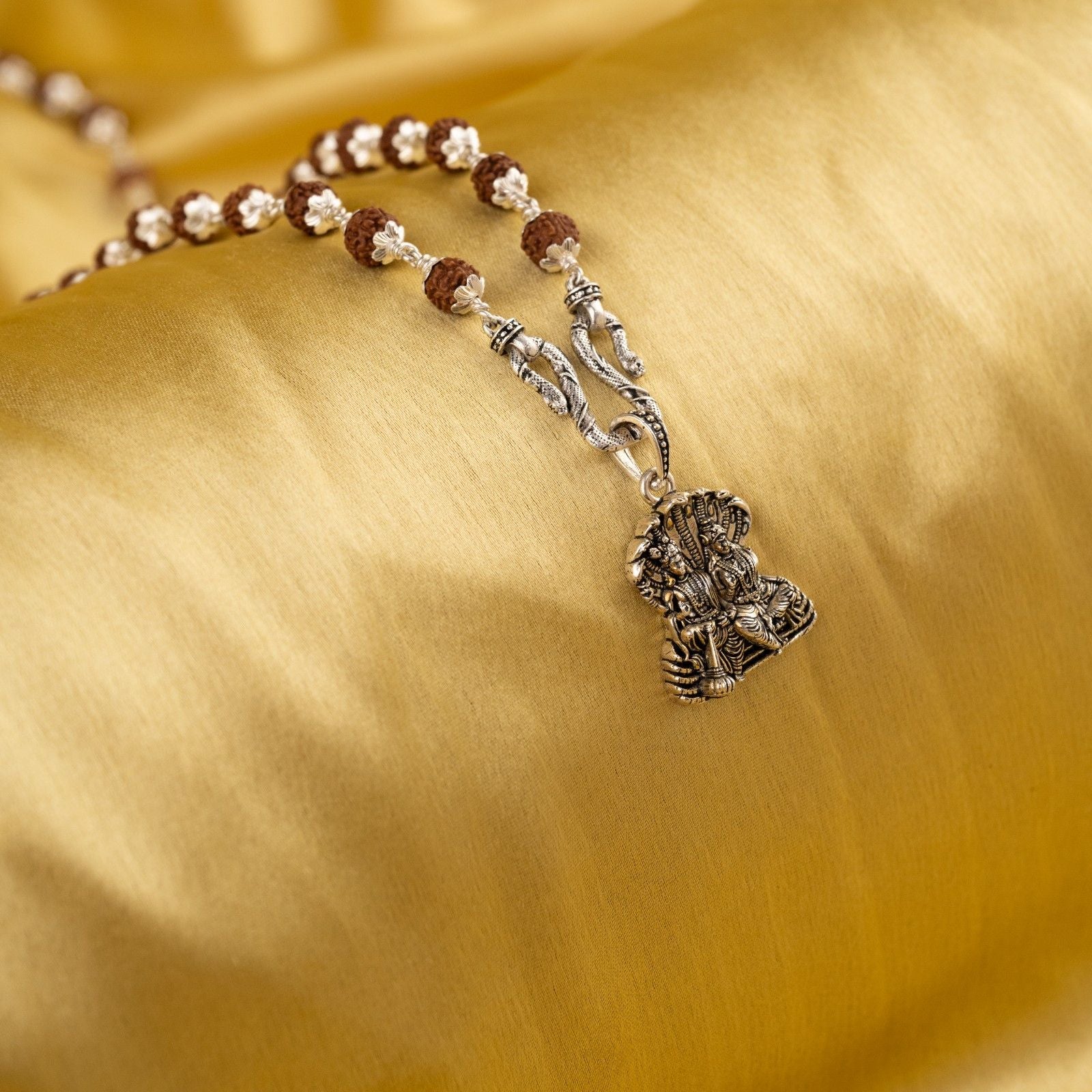 Lord Vishnu Goddess Laxmi Blessing Sterling Silver Pendant With Rudraksha Mala 