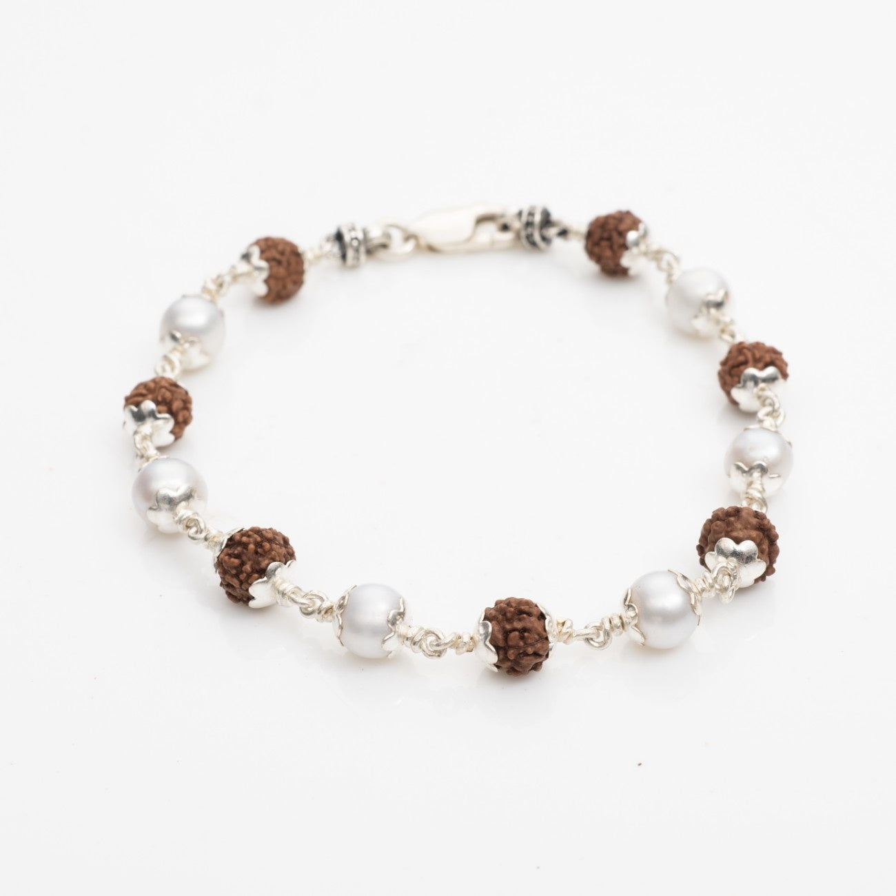 Rudraksha With Moti Beads Silver Bracelet