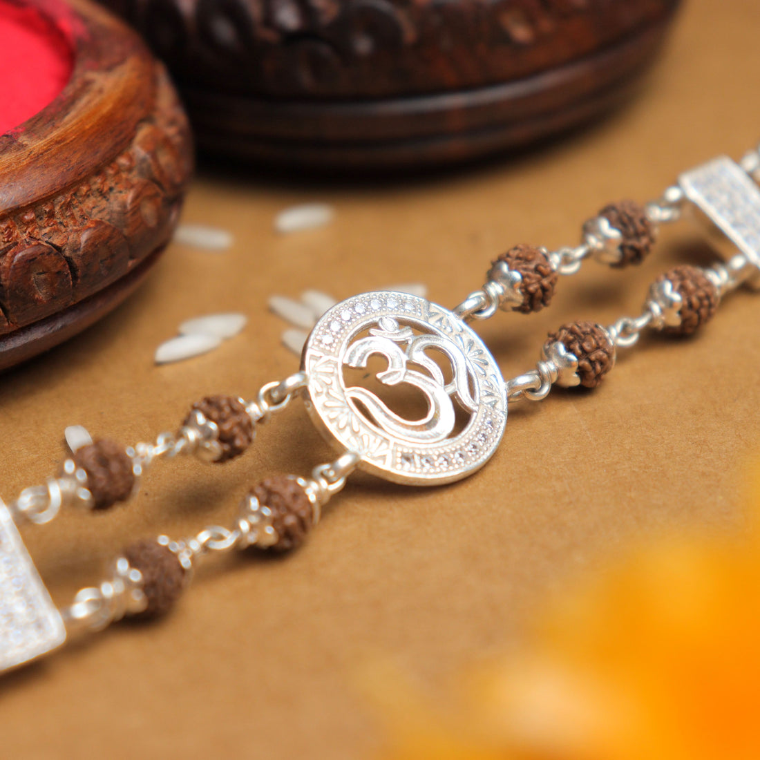 Pure Silver Rakhi with Original Rudraksha, Central Om in Circular Sphere, Double Line Design for Men