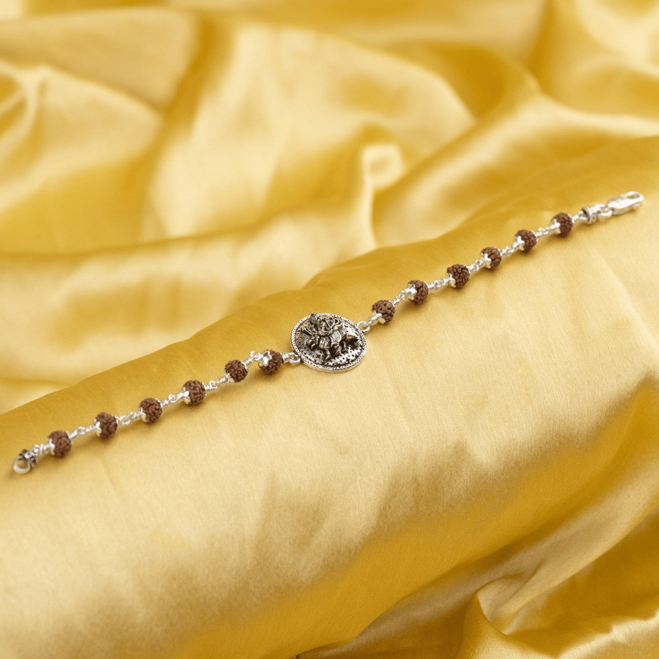 Rudraksha With Ambe Maa on Round Silver Broach Bracelet