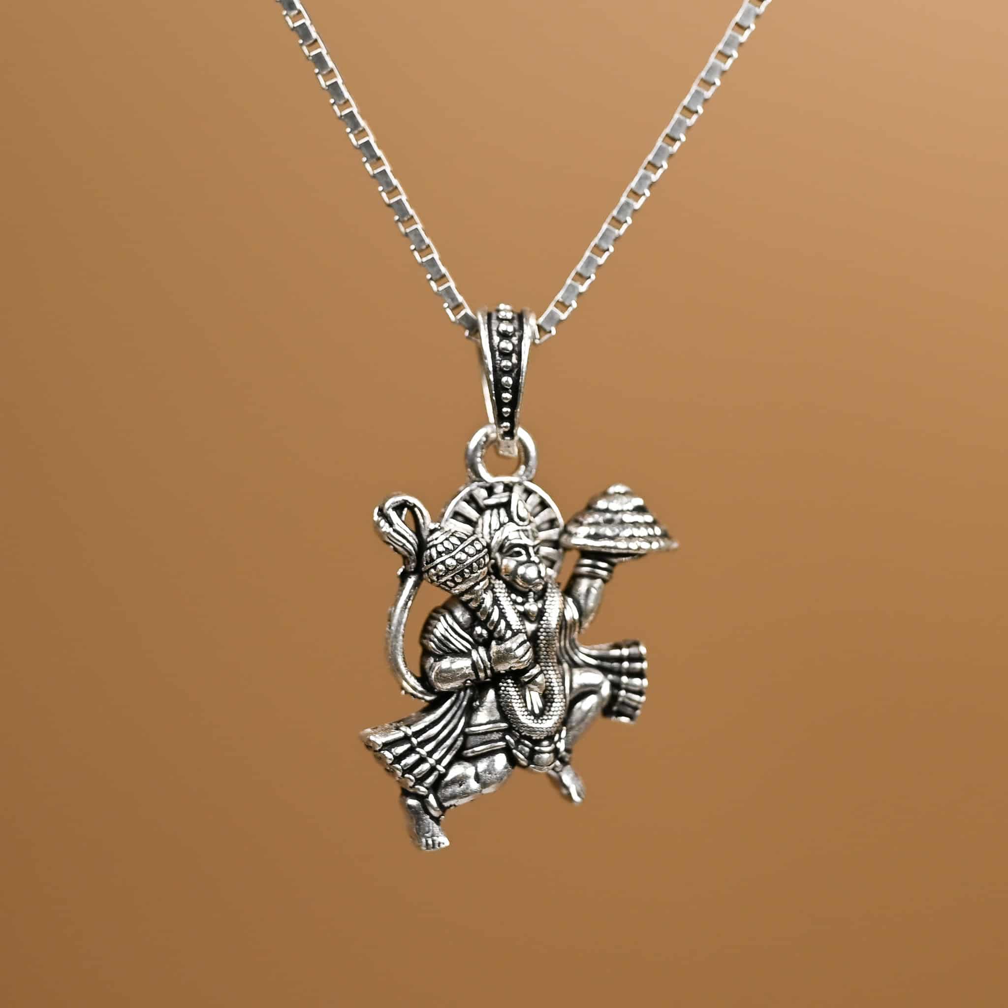 Lord hanuman flying  Silver Pendant With Chain