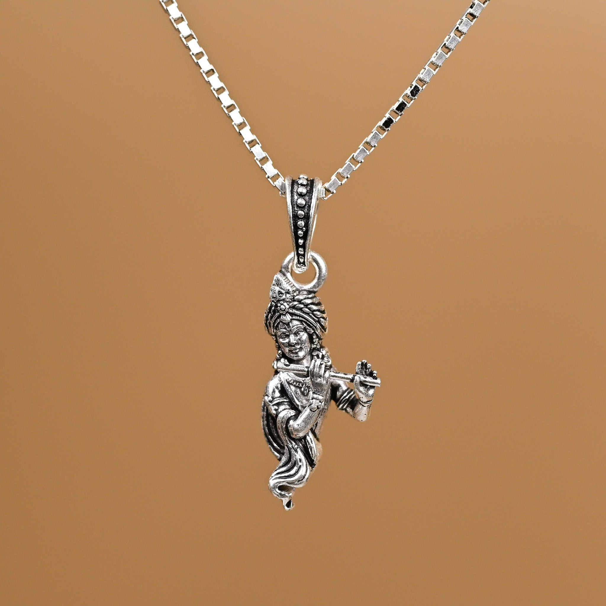 Divine Lord Krishna Flute Silver Pendant With chain 