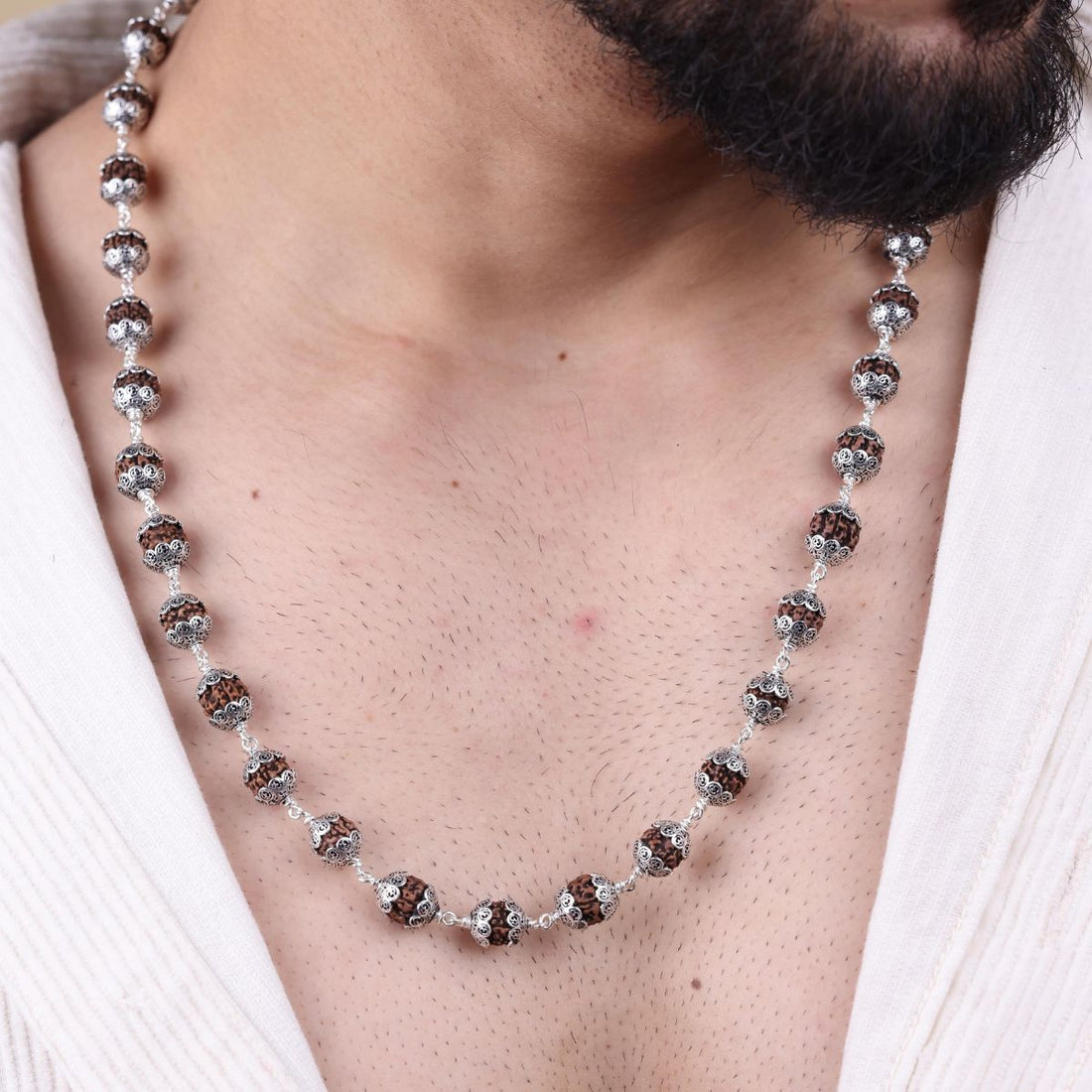 Original Rudraksha with Om Cap Silver Mala
