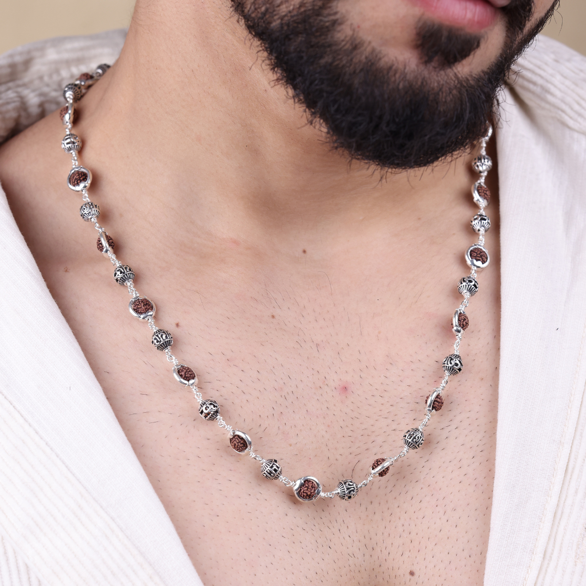 Original Rudraksha Capping With Om Namah Shivay Beads Silver Mala