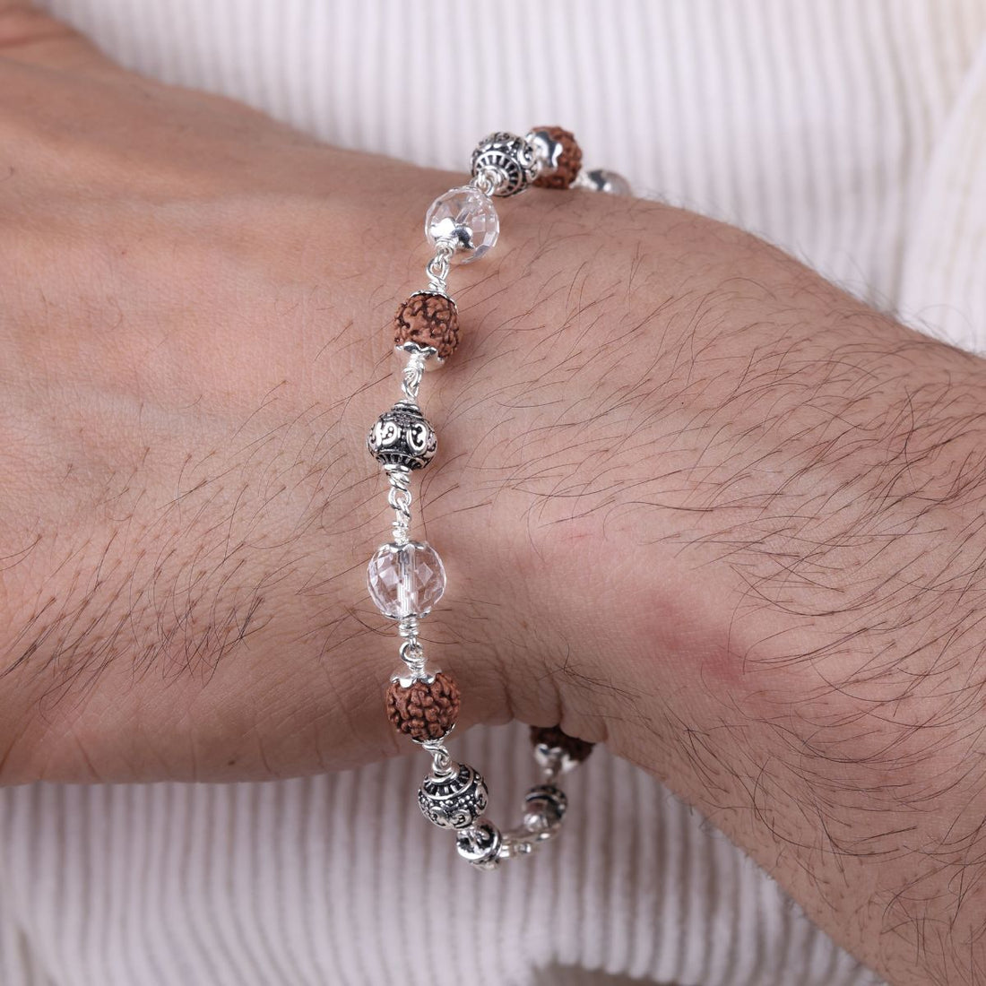 Oiginal Rudraksha with Sphatik and Om Silver Beads Bracelet
