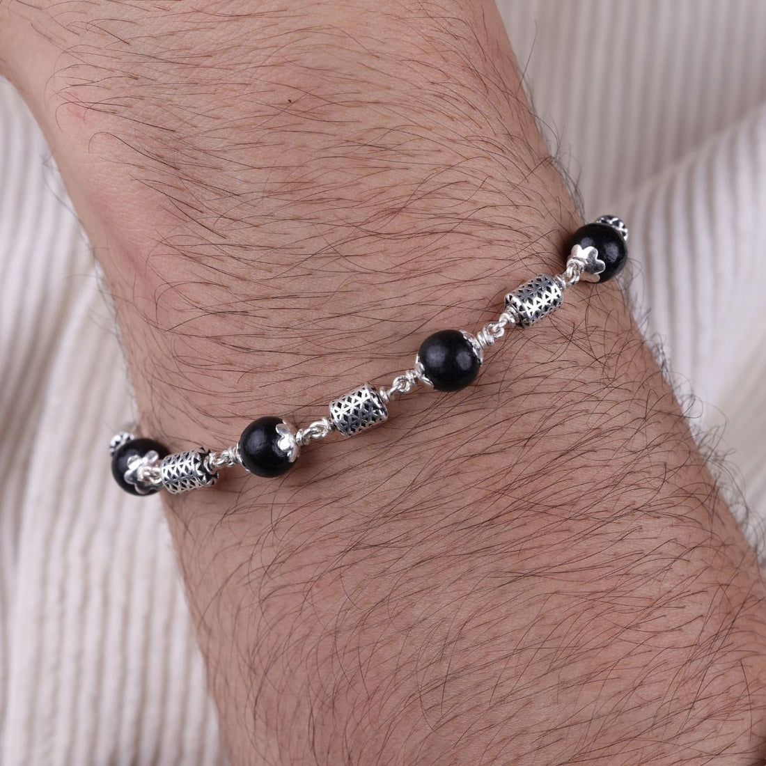 Original Karungali with Oval Filigree Beads Silver Bracelet