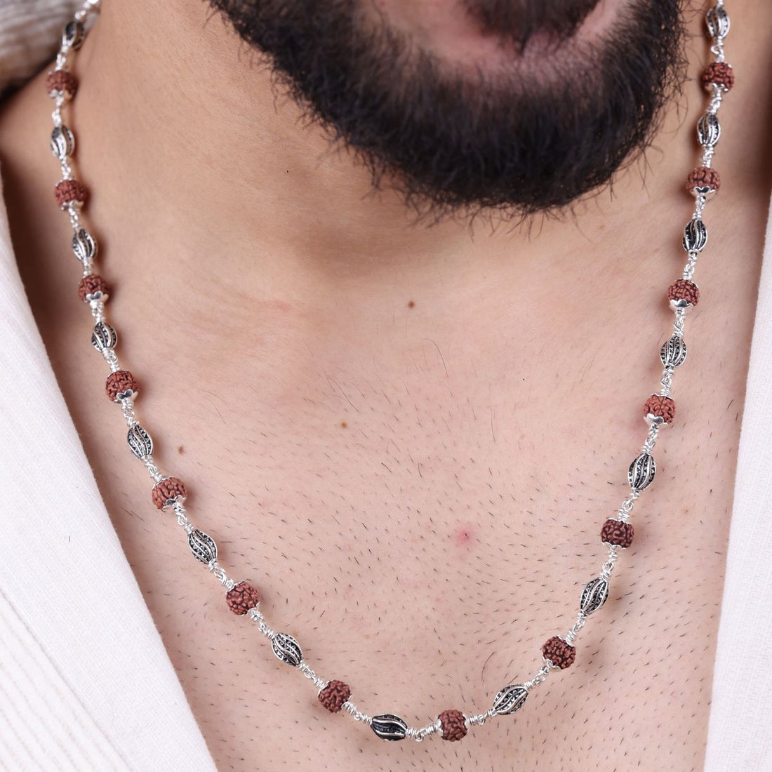 Original Rudraksha with Marquise Beads Silver Mala