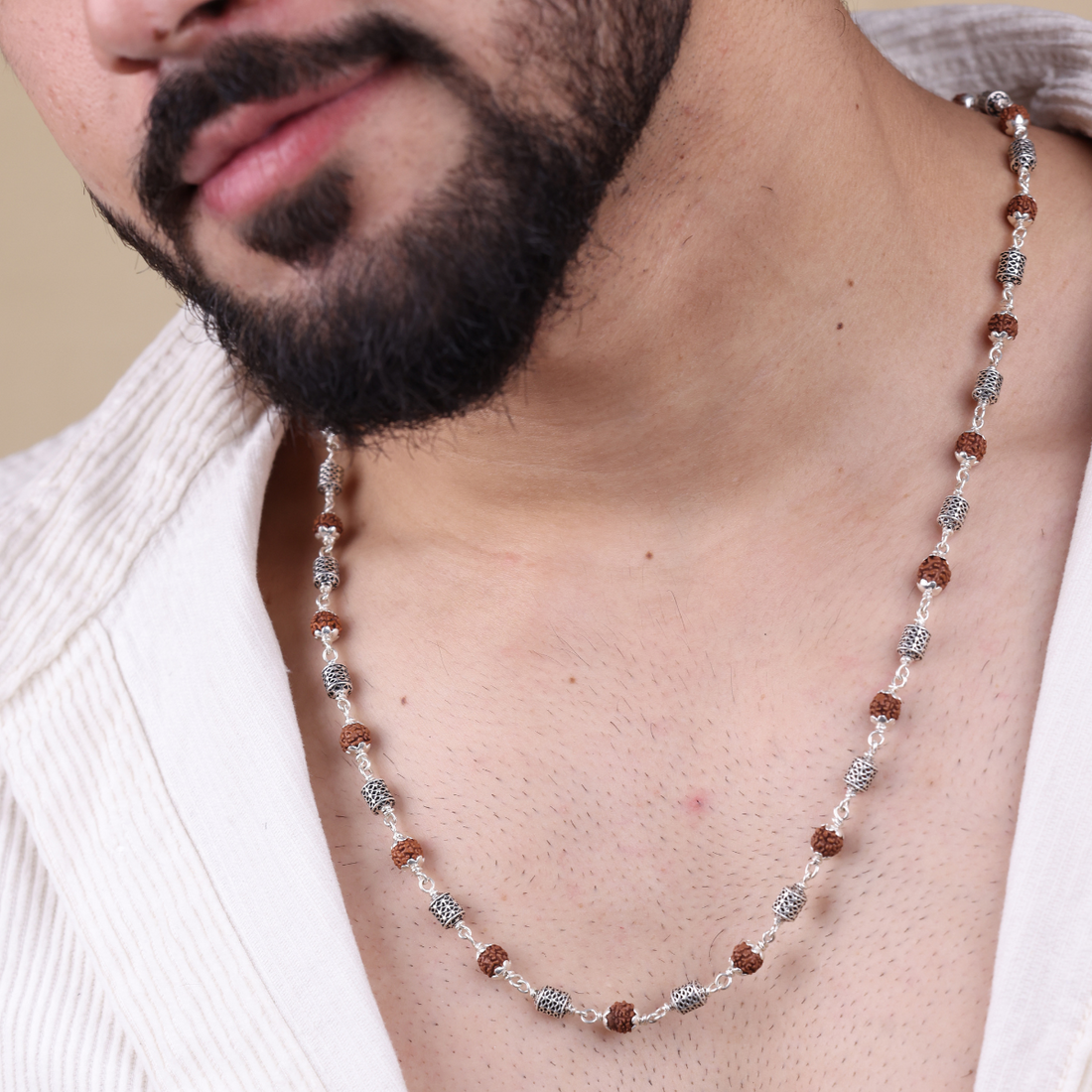 Rudraksha Silver Mala (Oval Filigree Beads)