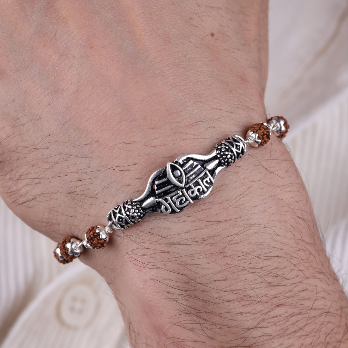Original Rudraksha and Mahakal Broach Silver Bracelet