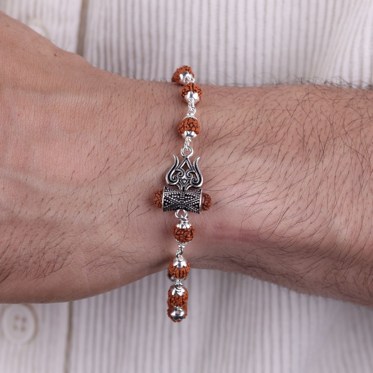 Original Rudraksha Silver Trishul Damru Bracelet