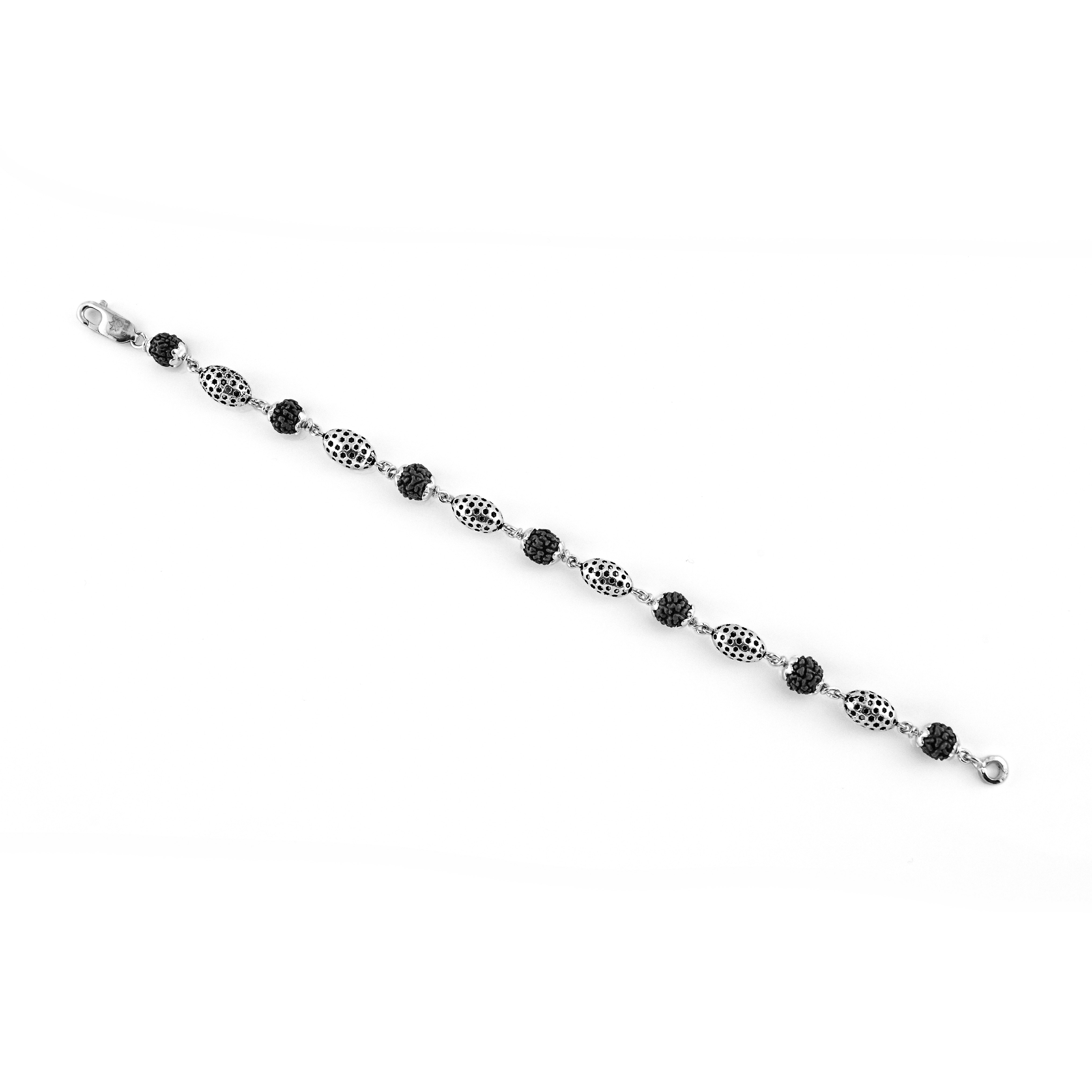 Black Rudraksha Silver Hollow Oval Beads Bracelet.