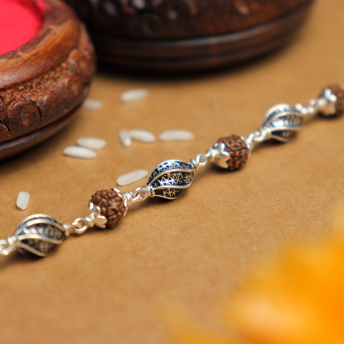 Pure Rudraksha Silver Marqurise Beads Bracelet