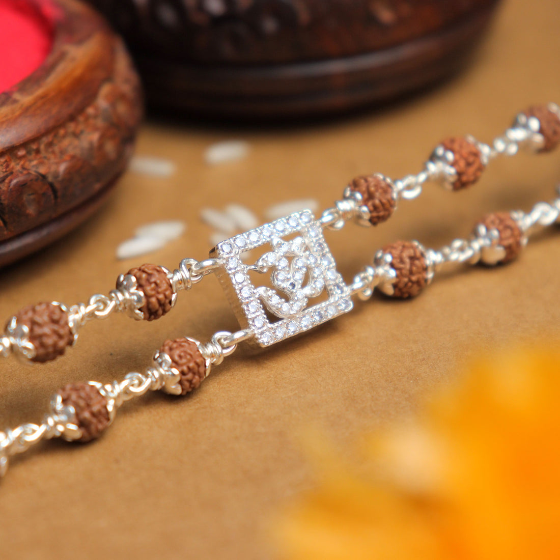 Pure Silver Rakhi with Rudraksha, Square Diamond, and Om, Double Line Design