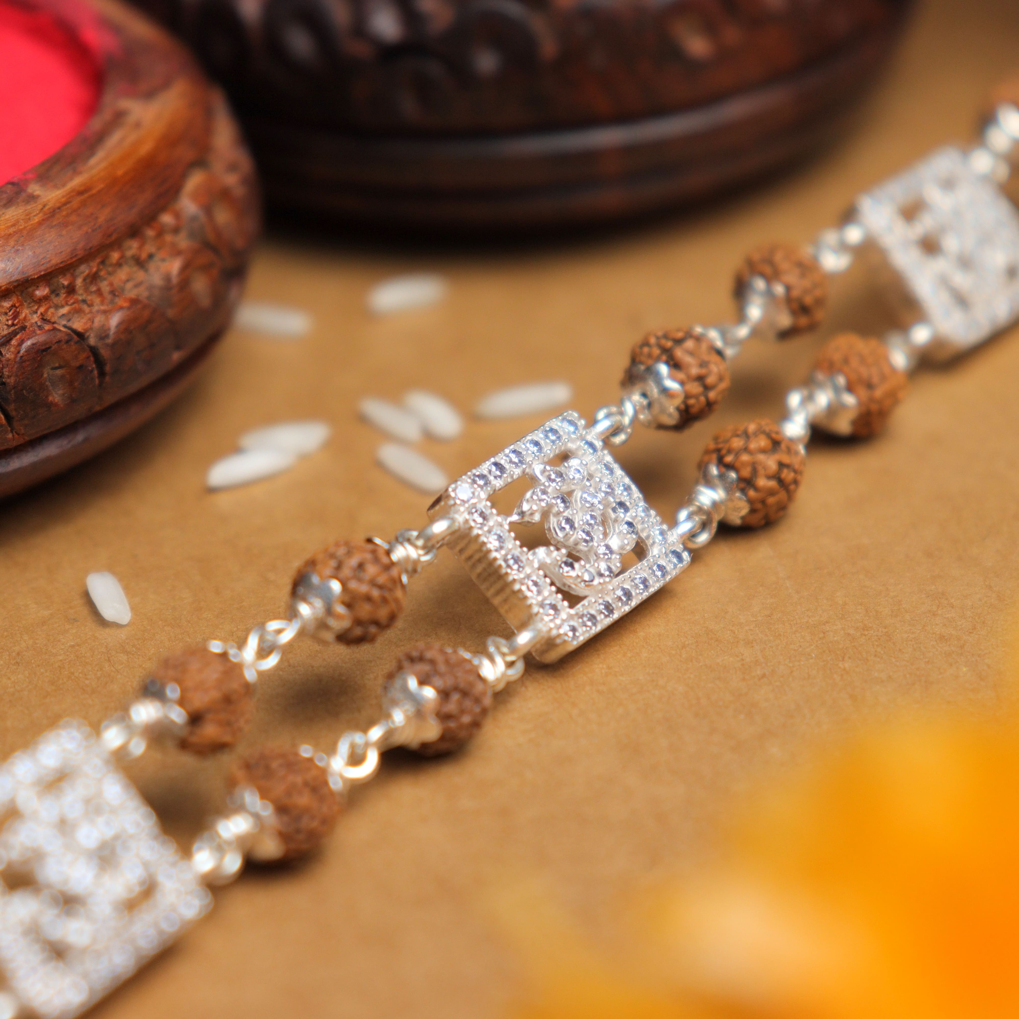 Pure Silver Rakhi with Rudraksha and Three Om, Double Line Design