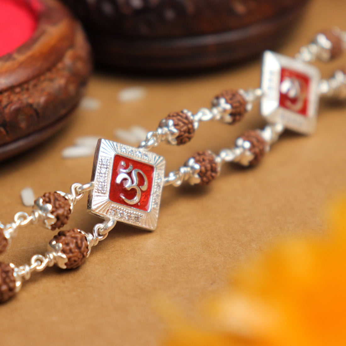 Pure Silver Rakhi with Rudraksha and Two Om Symbols, Double Line Design