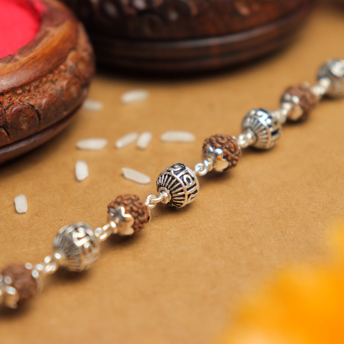 Pure Silver Rakhi with Rudraksha and Om Namah Shivay Beads