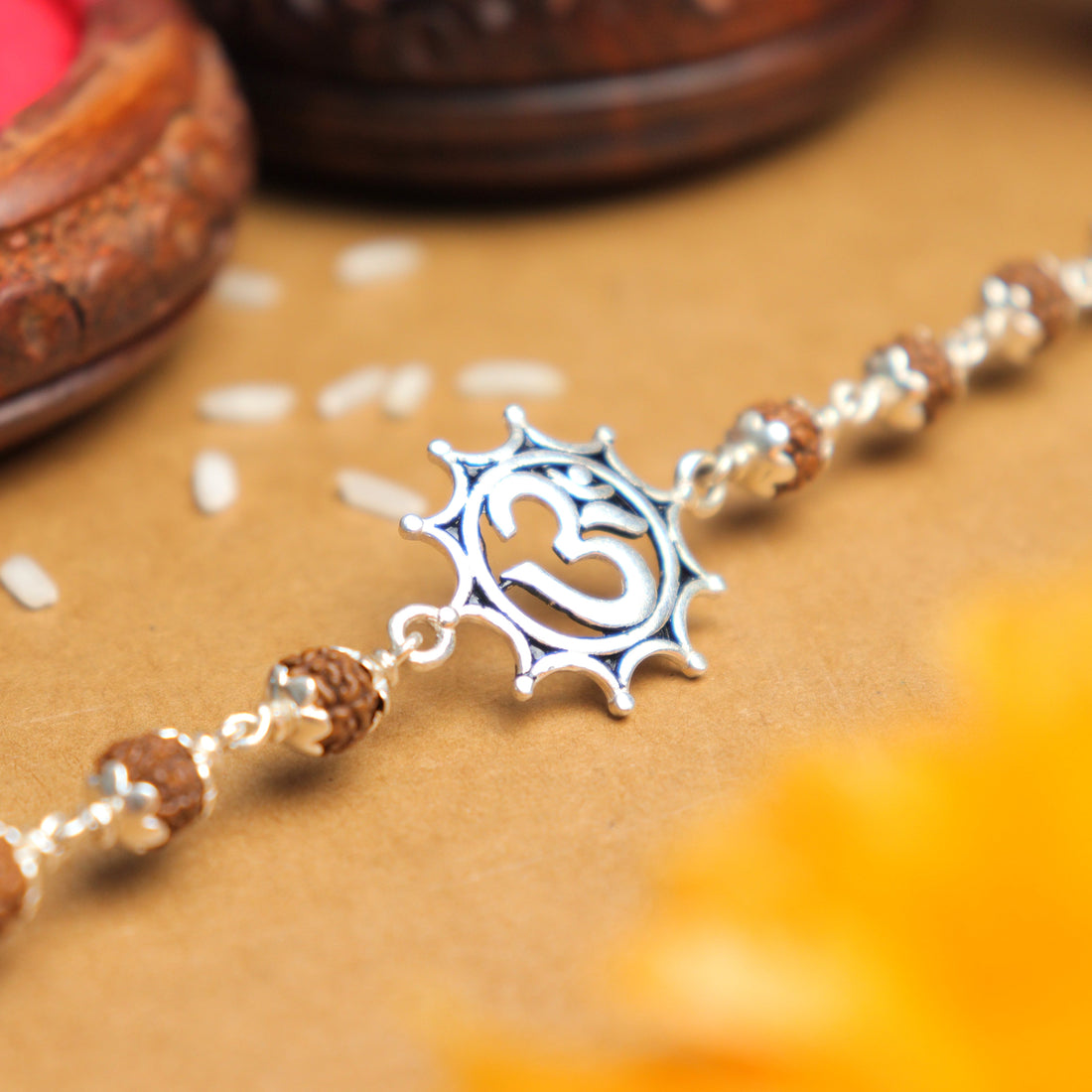 Pure Silver Rakhi with Om in Pointed Circle and Single Line Rudraksha