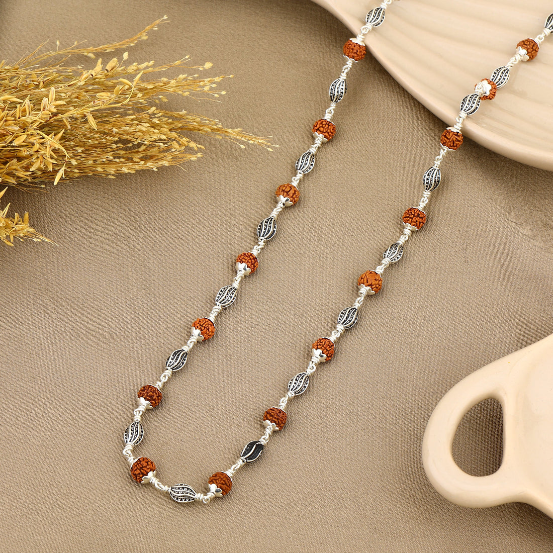 Authentic Rudraksha with Marquise Beads Silver Mala