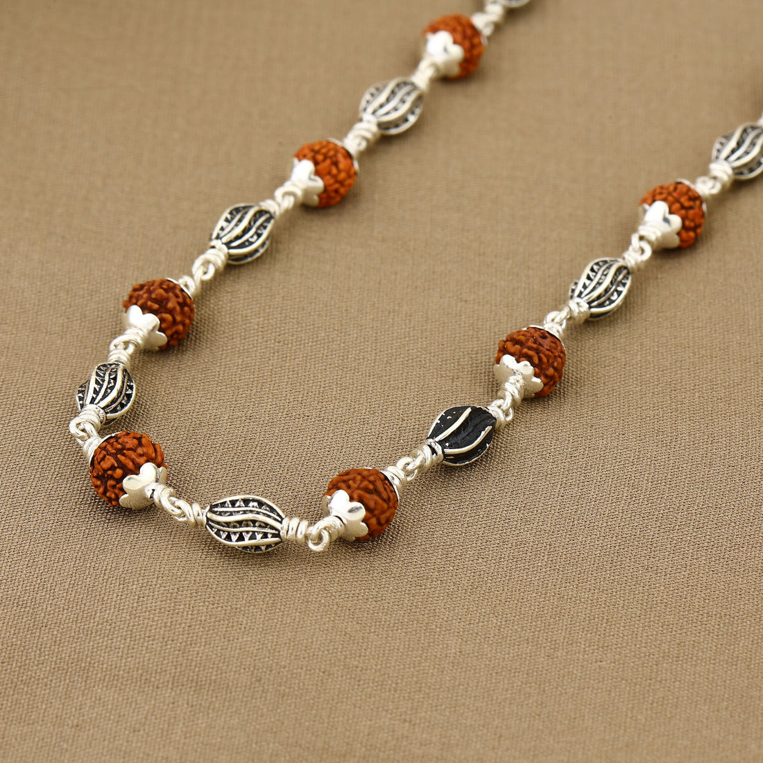 Rudraksha with Marquise Beads Silver Mala