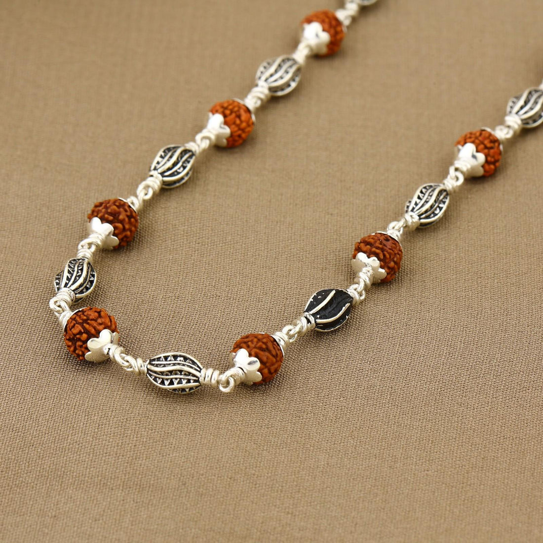 Rudraksha with Marquise Beads Silver Mala