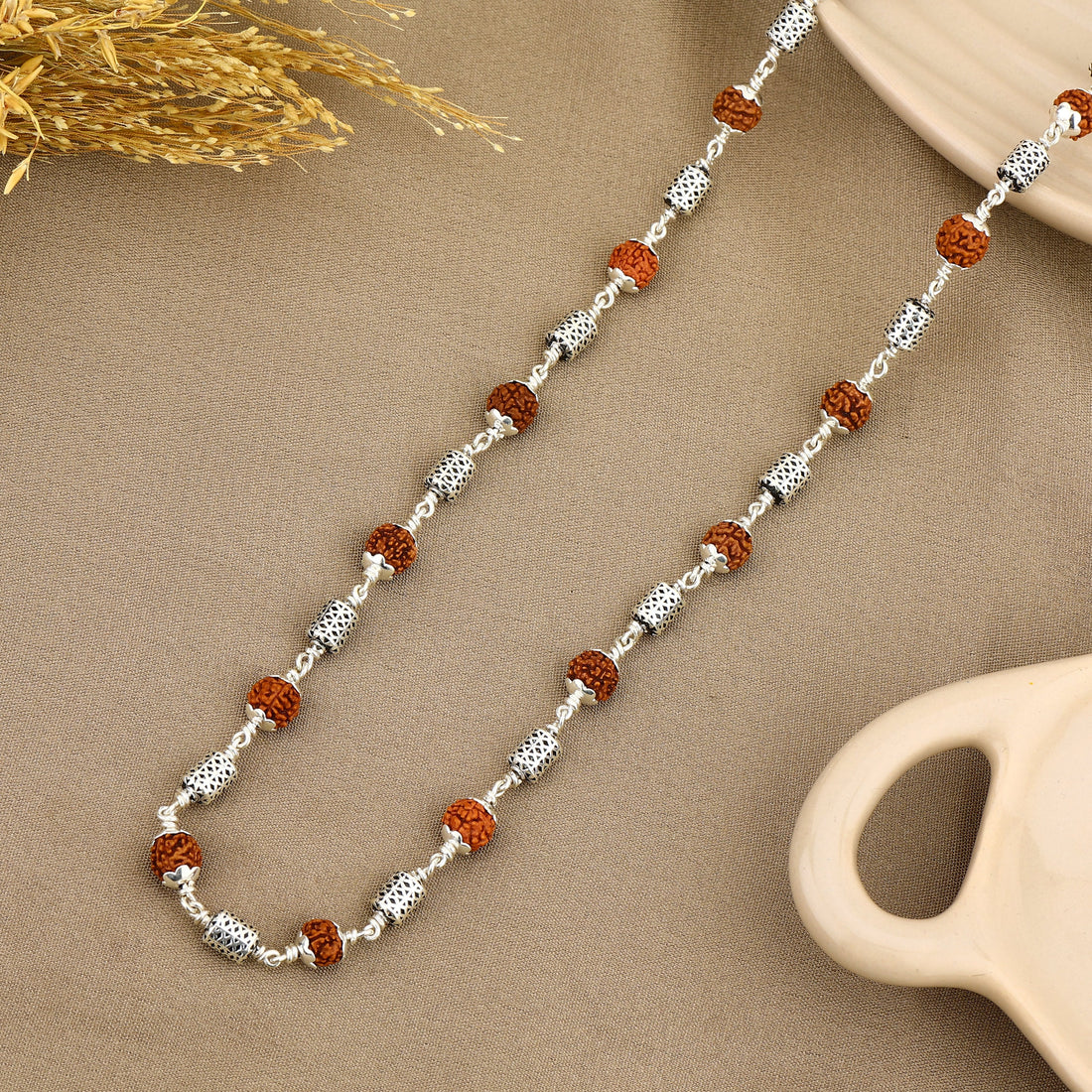 Rudraksha Silver Mala (Oval Filigree Beads)