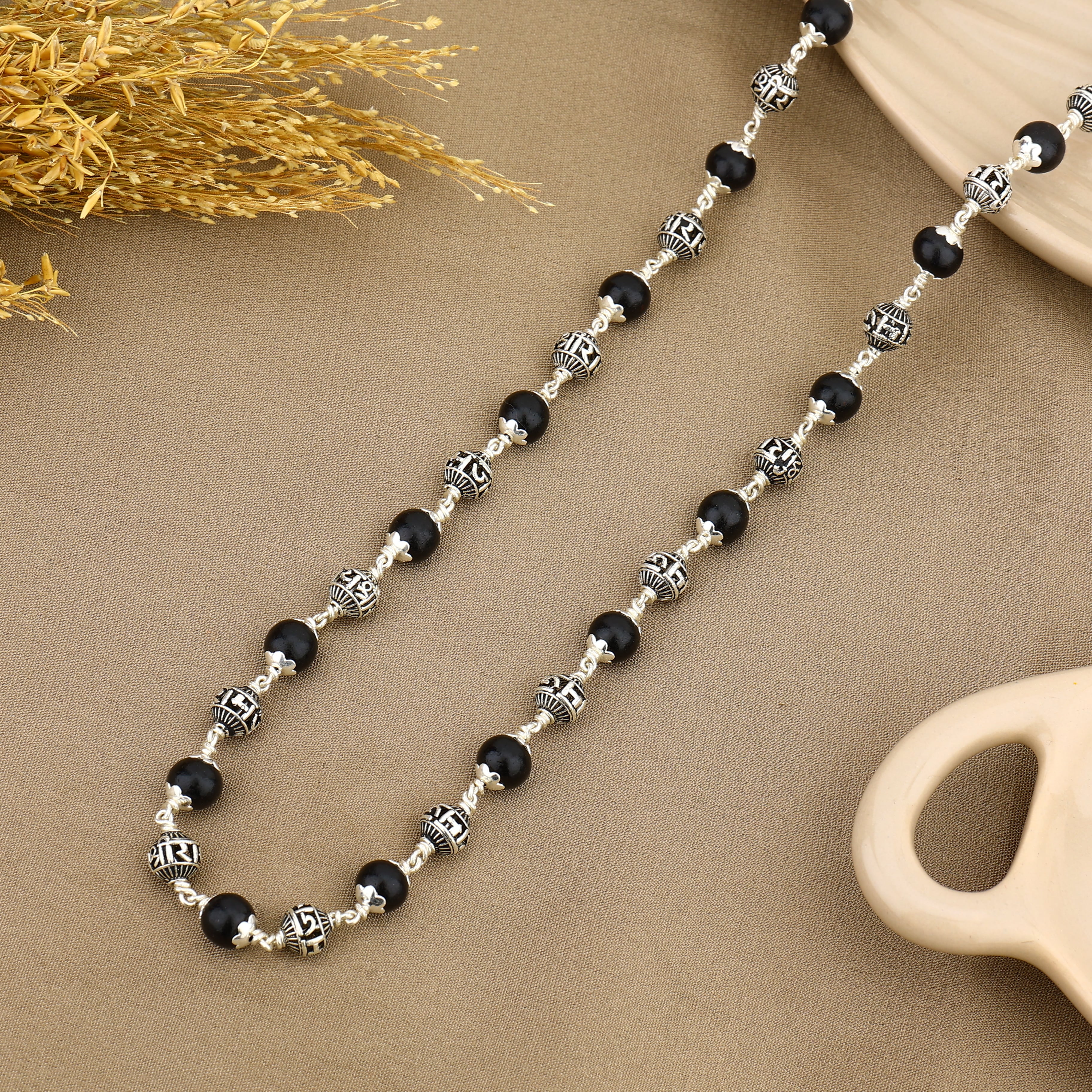 Authentic Karungali with Jay Shree Ram Beads Silver Mala