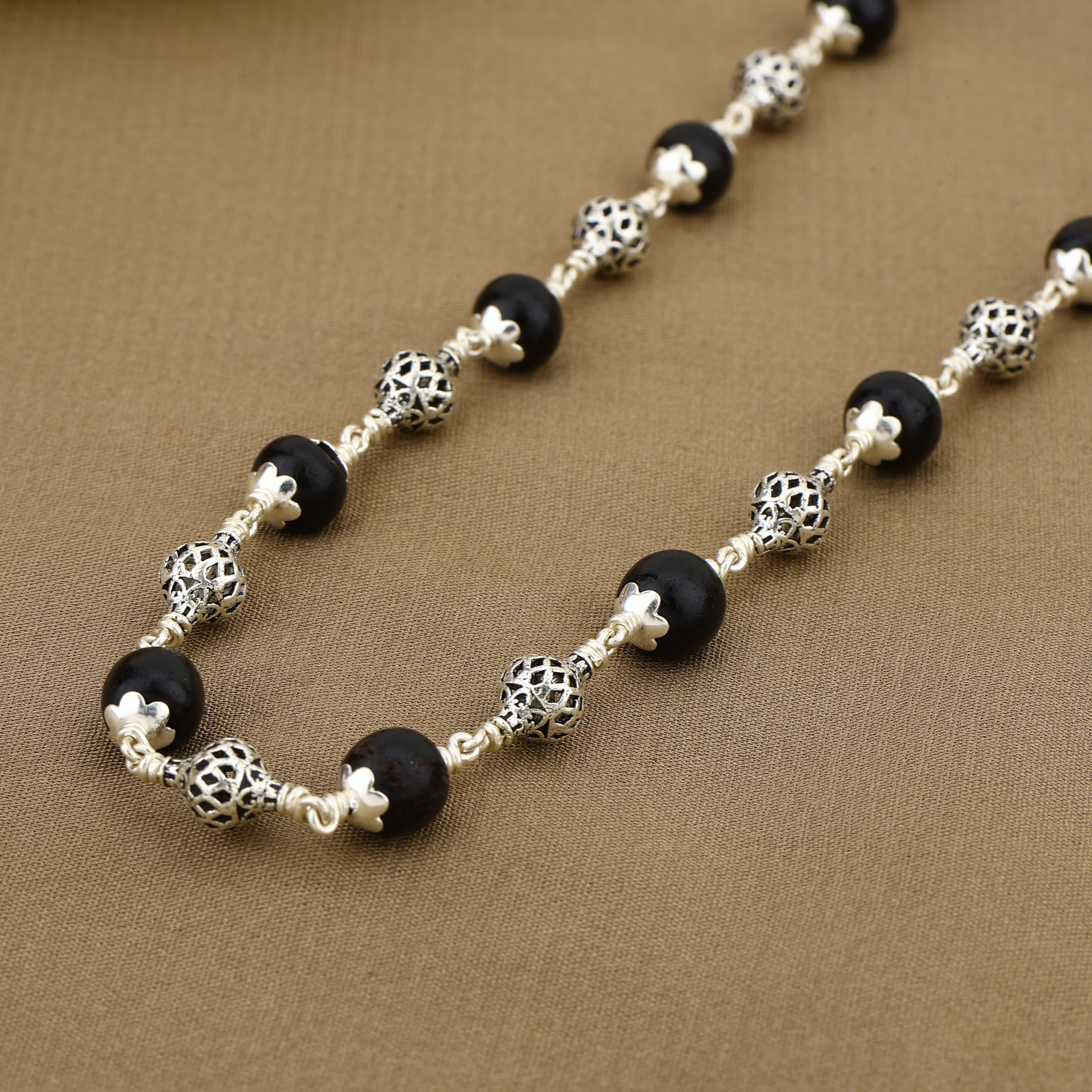 Karungali Silver Mala Ornate Sphere Beads
