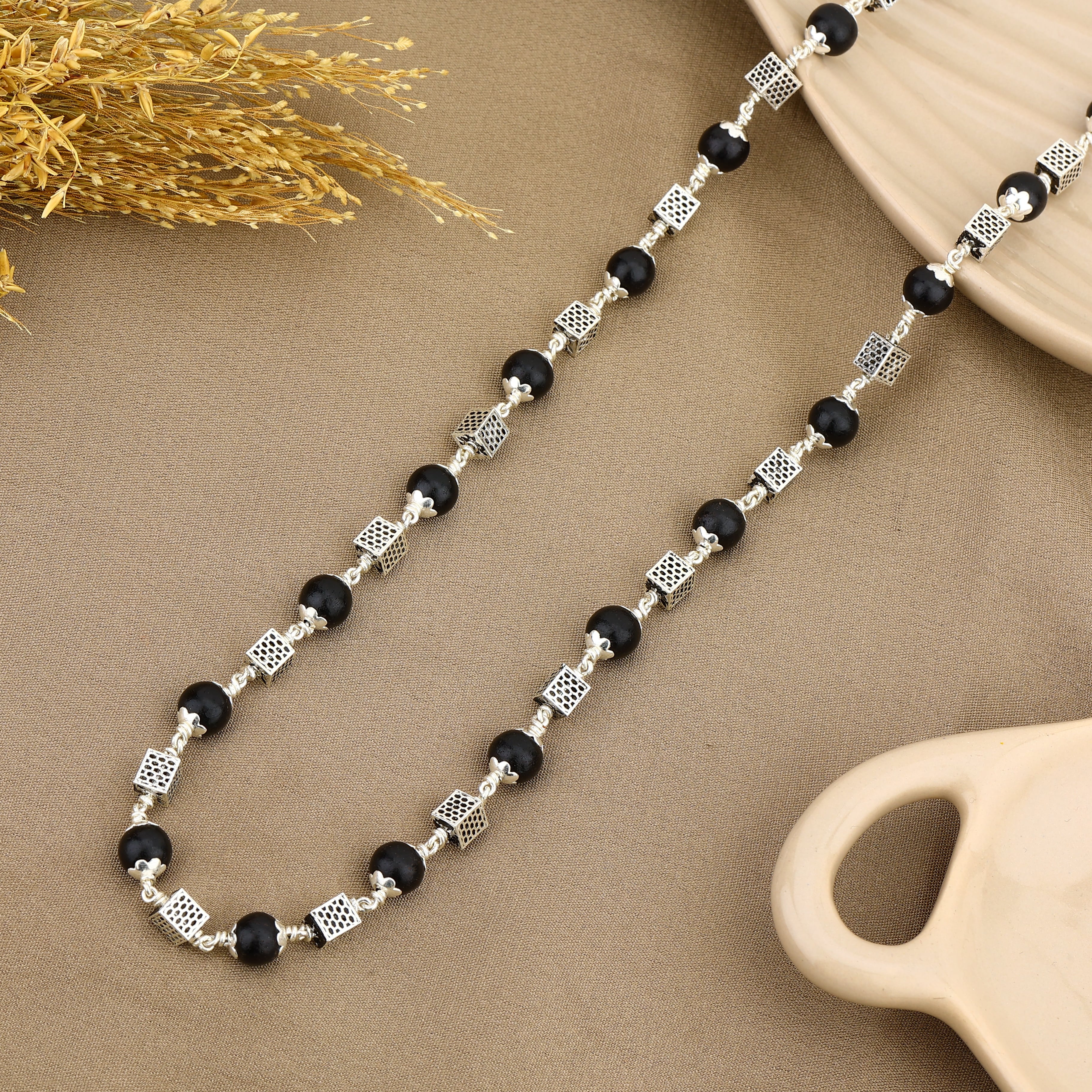Authentic Karungali Silver Mala Square Beads