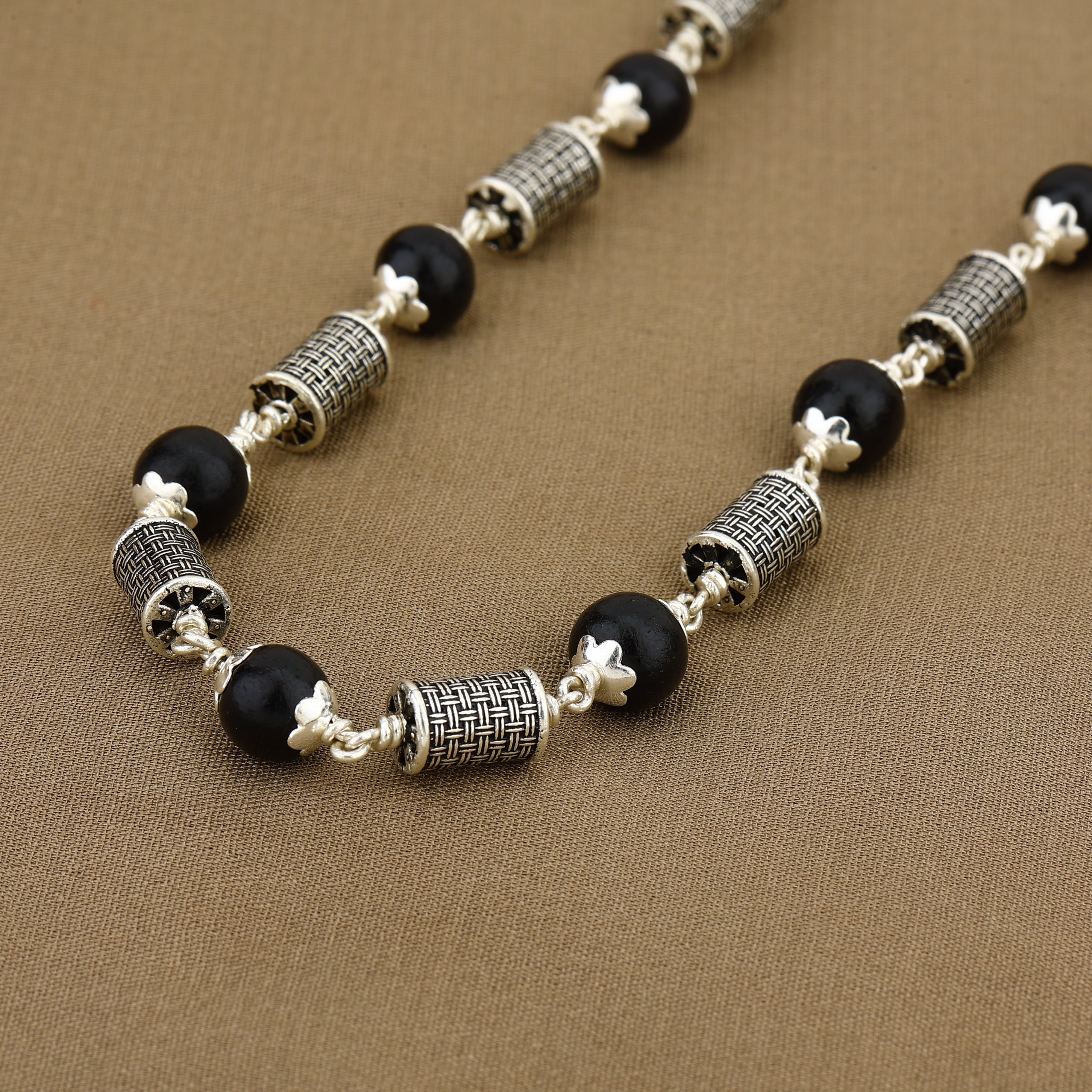 Karungali Silver Mala with Cylindrical Beads