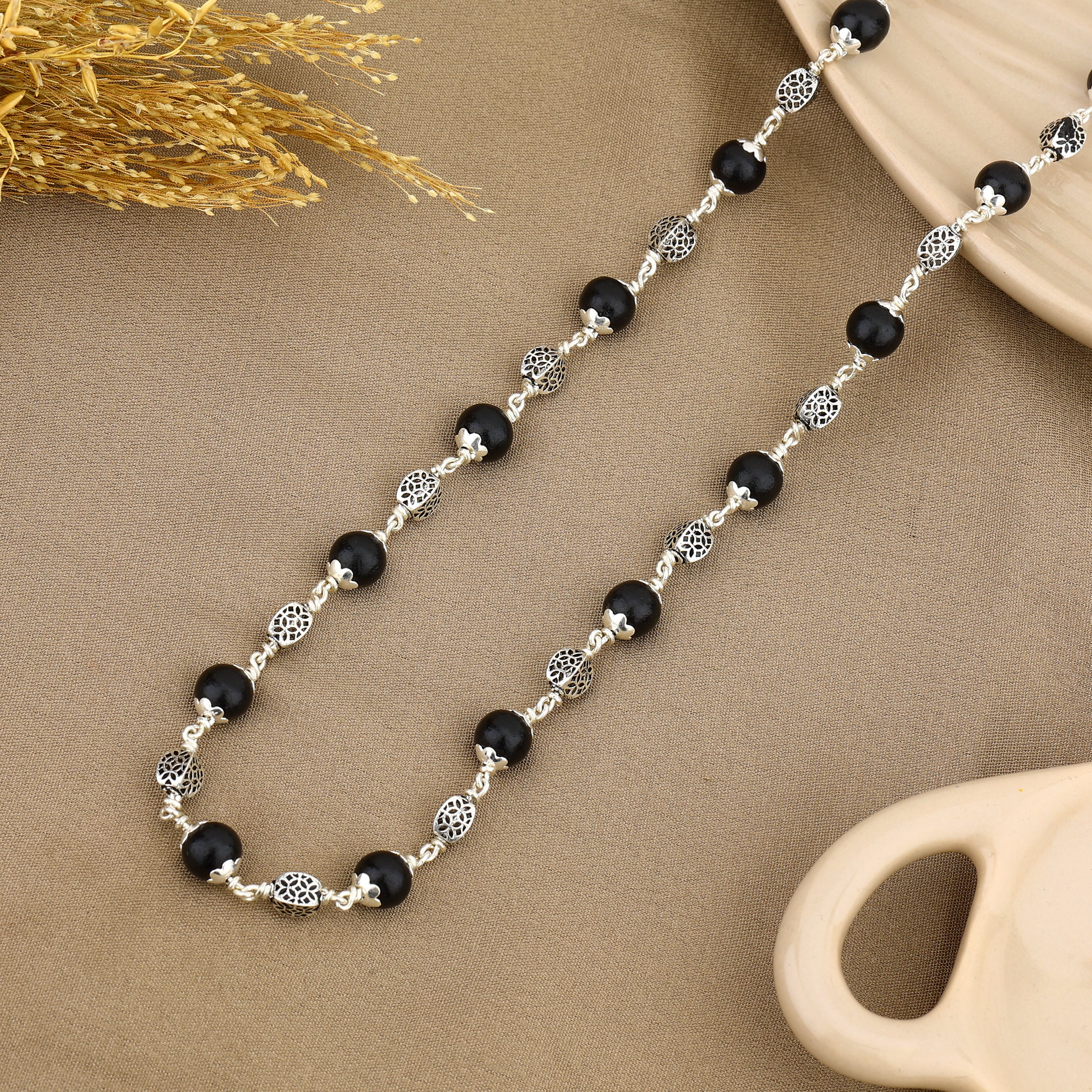 Authentic Karungali Silver Mala With Oval Beads