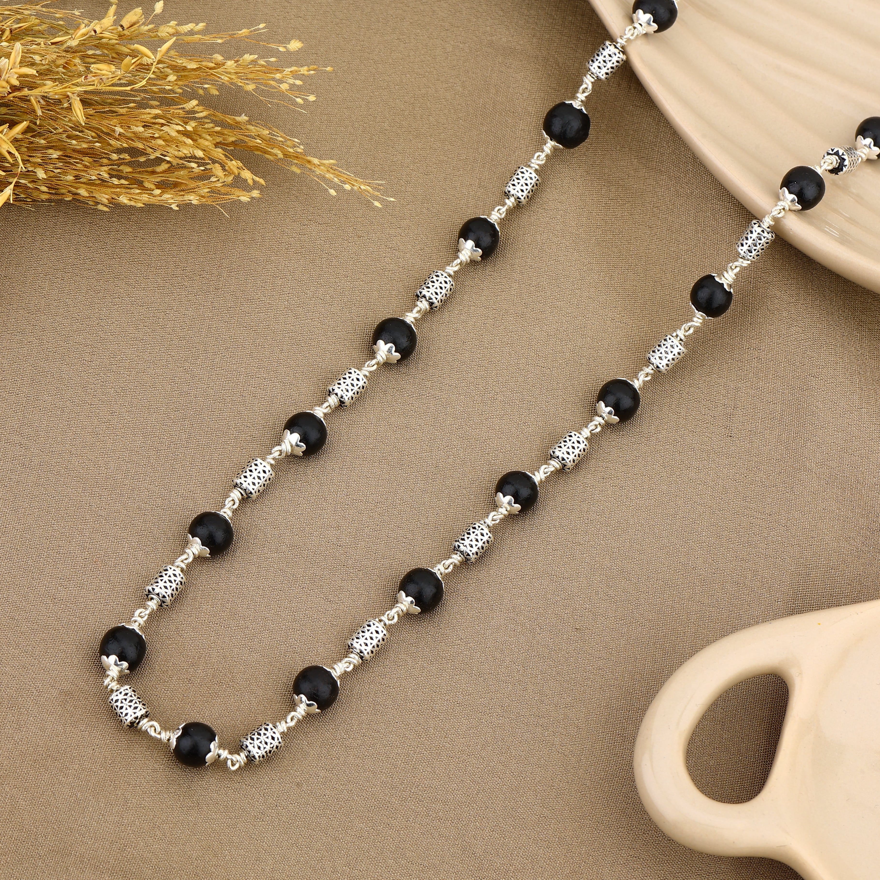 Authentic Karungali Silver Mala with Filigree Oval Beads
