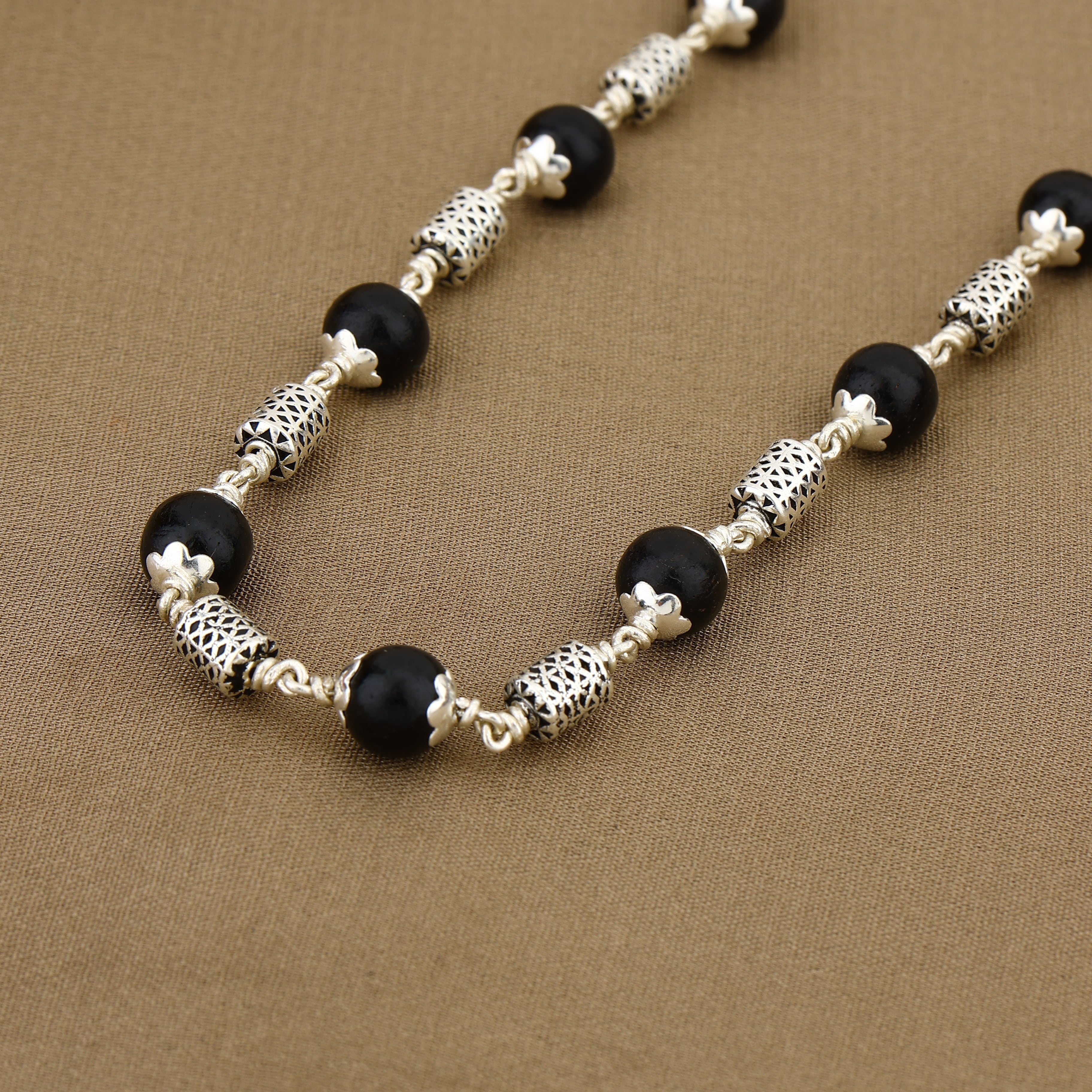 Karungali Silver Mala with Filigree Oval Beads