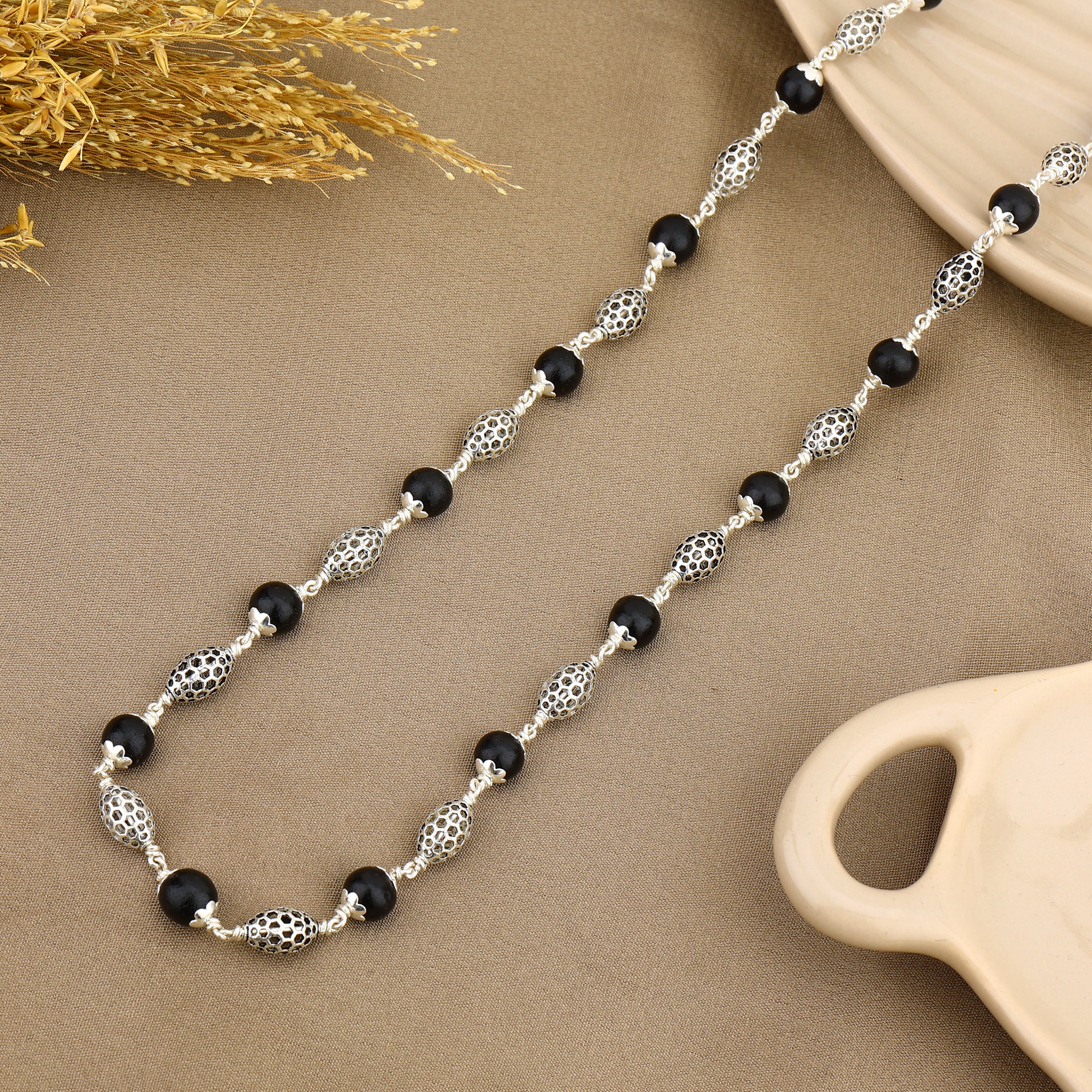 Authentic Karungali Silver Mala with Perforated Oval Beads
