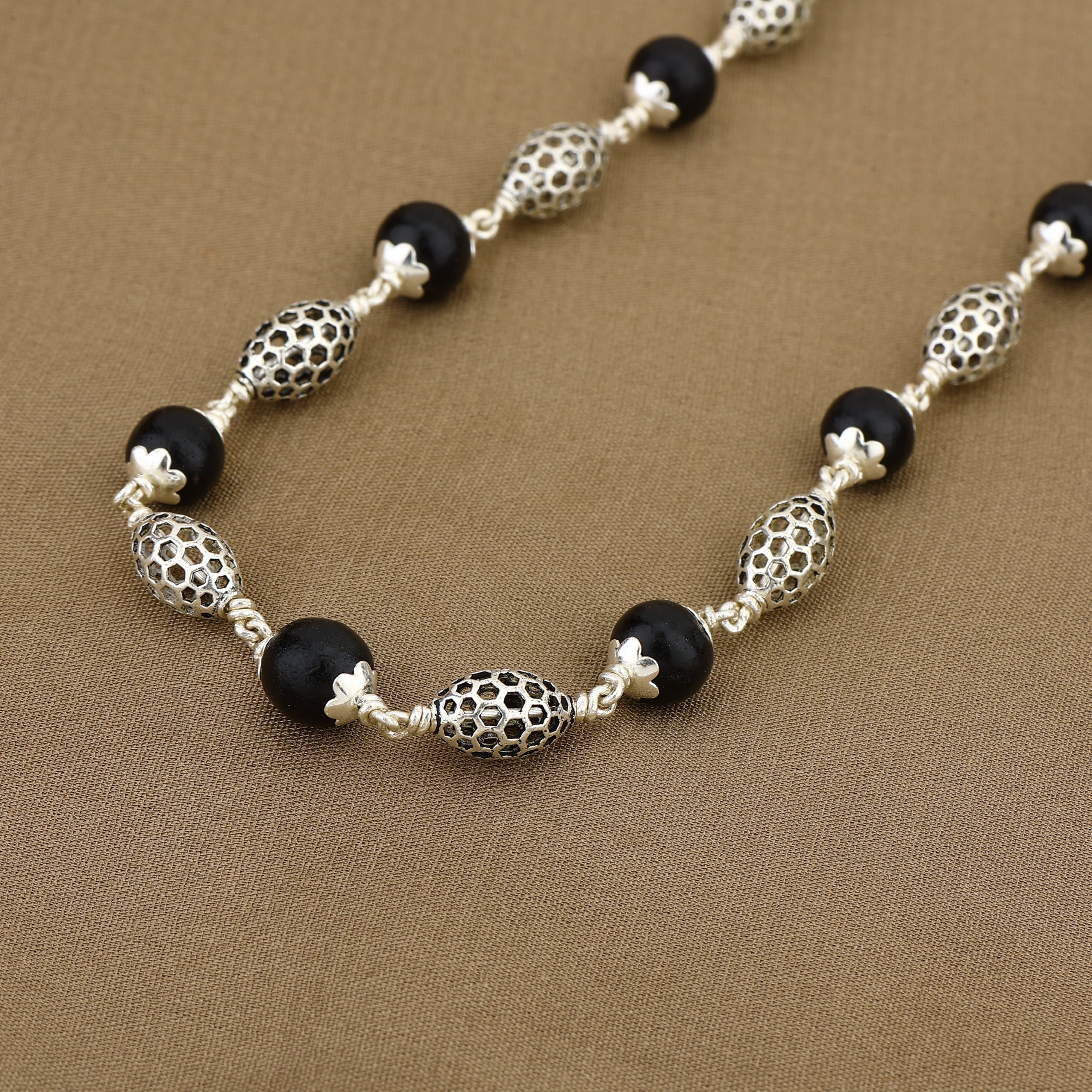 Karungali Silver Mala with Perforated Oval Beads