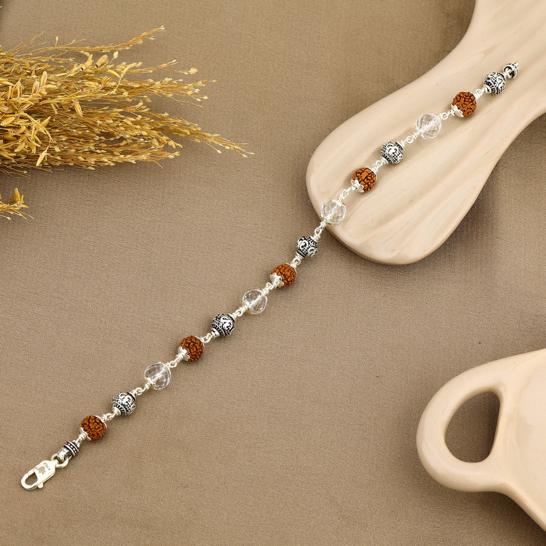 Authentic Rudraksha with Sphatik and Om Silver Beads Bracelet