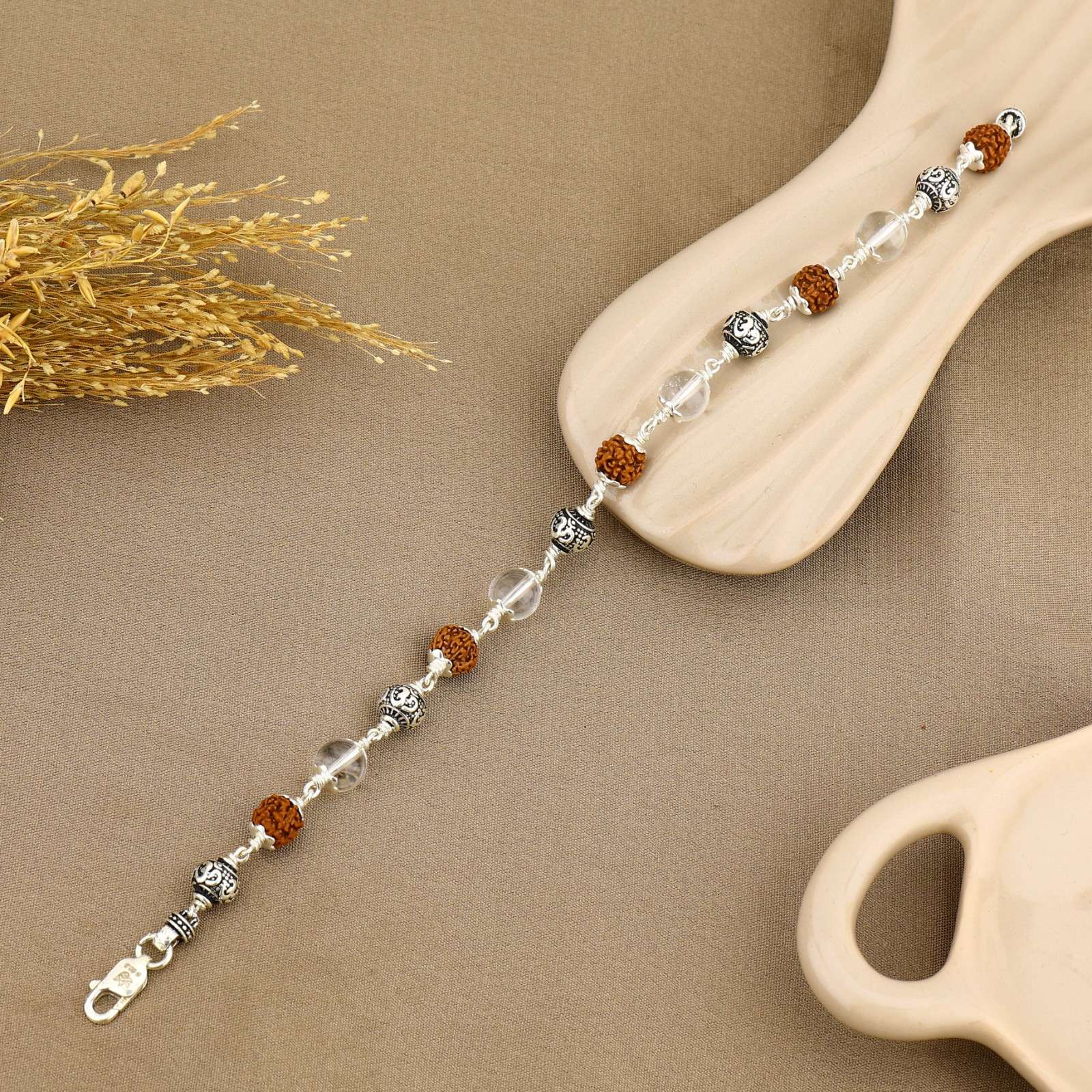 Authentic Rudraksha with Sphatik Diamond Cut and Om Silver Beads Bracelet