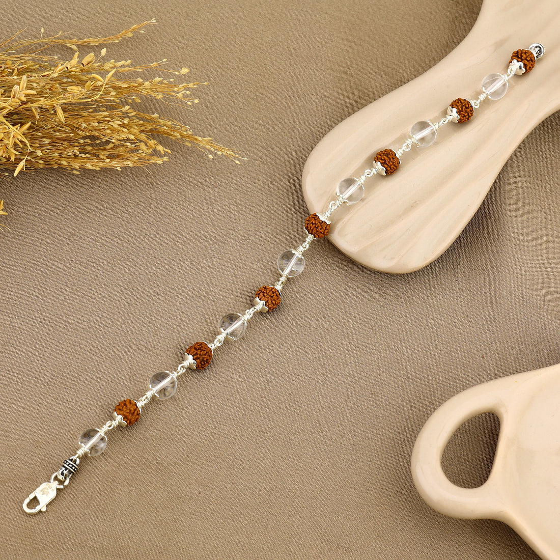 Authentic Rudraksha with Sphatik Diamond Cut Beads Silver Bracelet